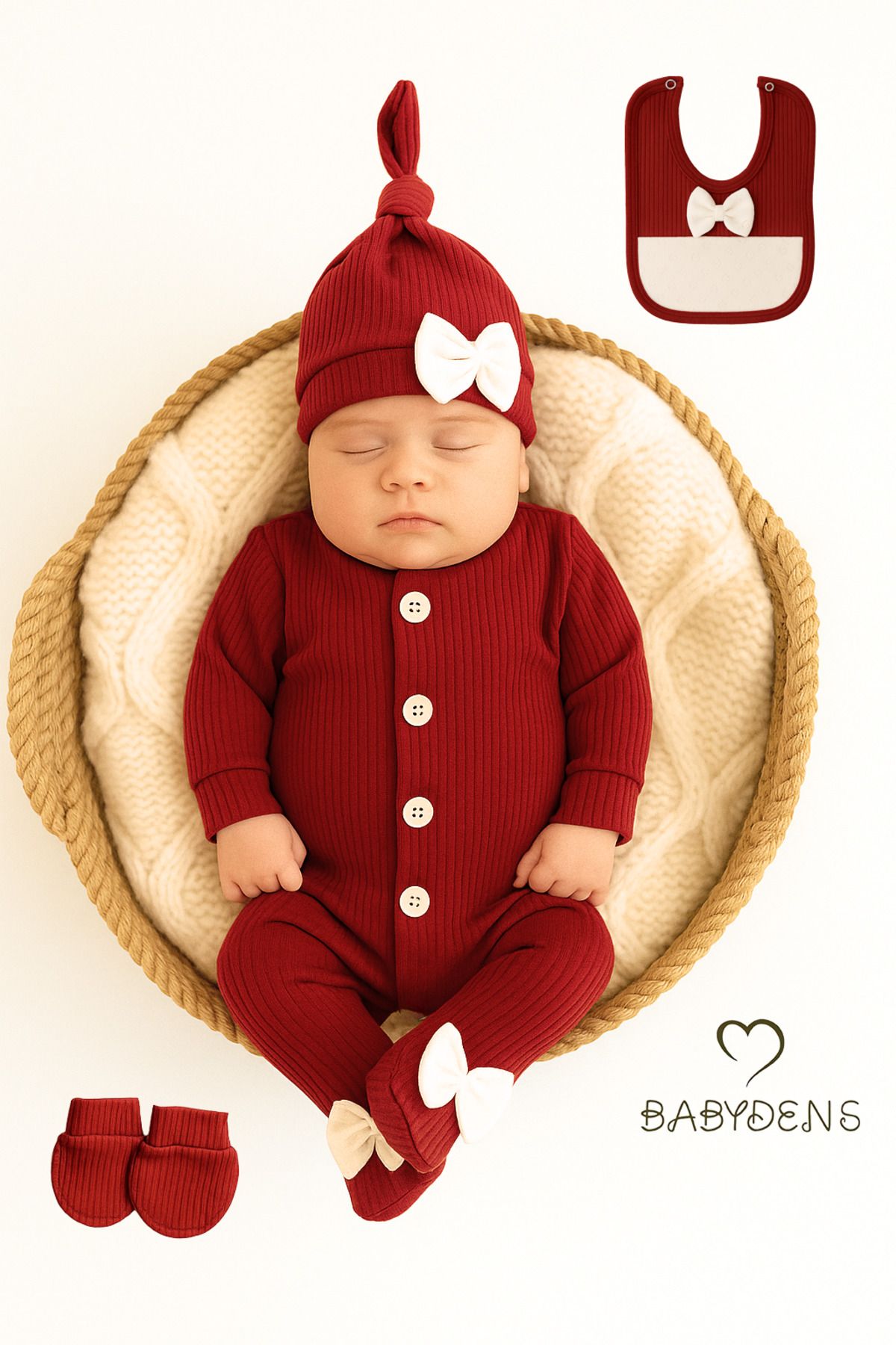 BABYDEN'S 4 'lü Kız Bebek Fitilli Yenidoğan Bebek Tulum Seti %100 Pamuklu Hastane Çıkışı