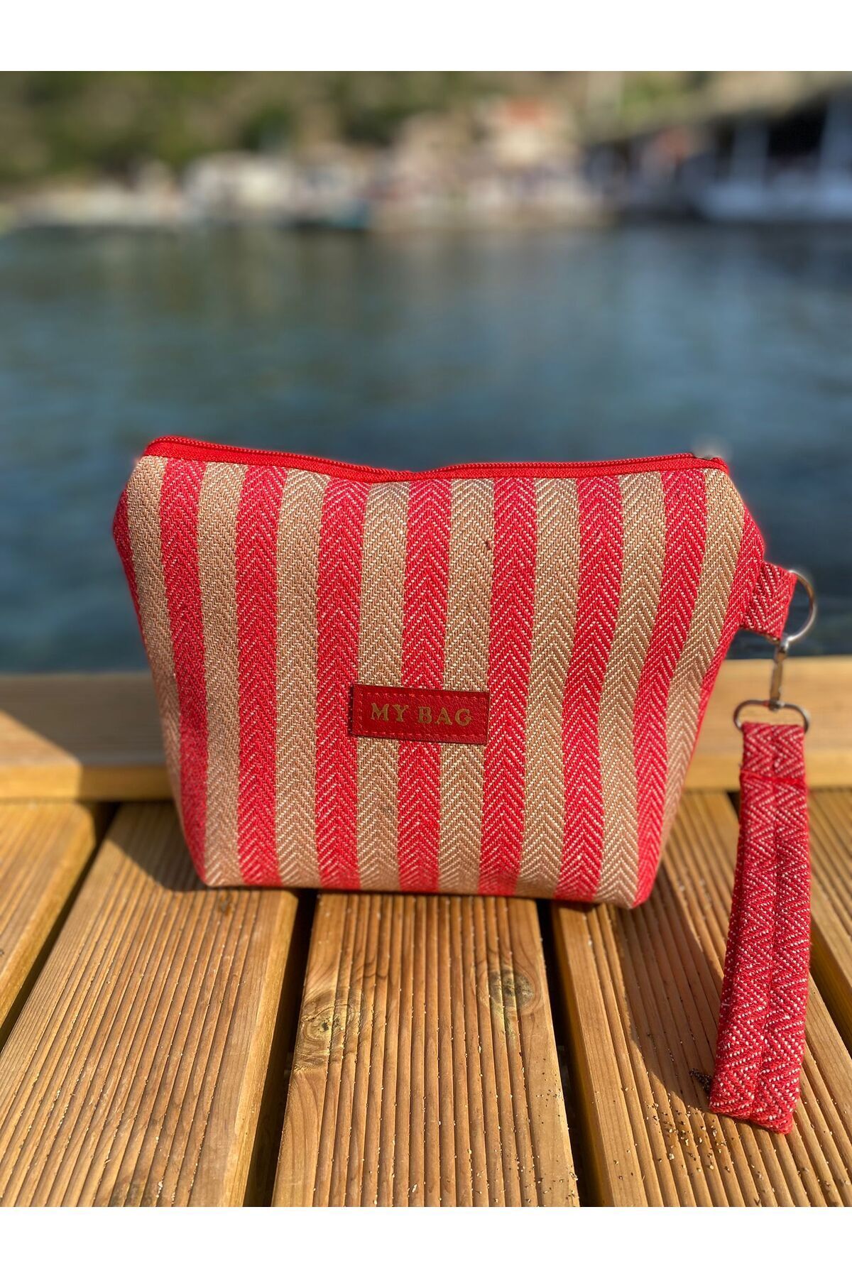 MY BAG ÇANTA Jüt-Hasır Kadın Omuz, Plaj ve Piknik Çantası, Çizgili Halat Askılı %100 Pamuk Dokuma