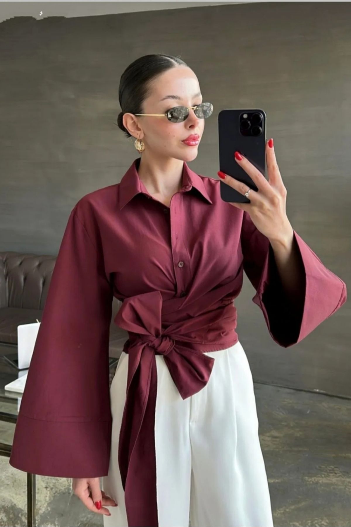 Safgiyim44 Belden Bağlamalı Asimetrik Gömlek Bordo