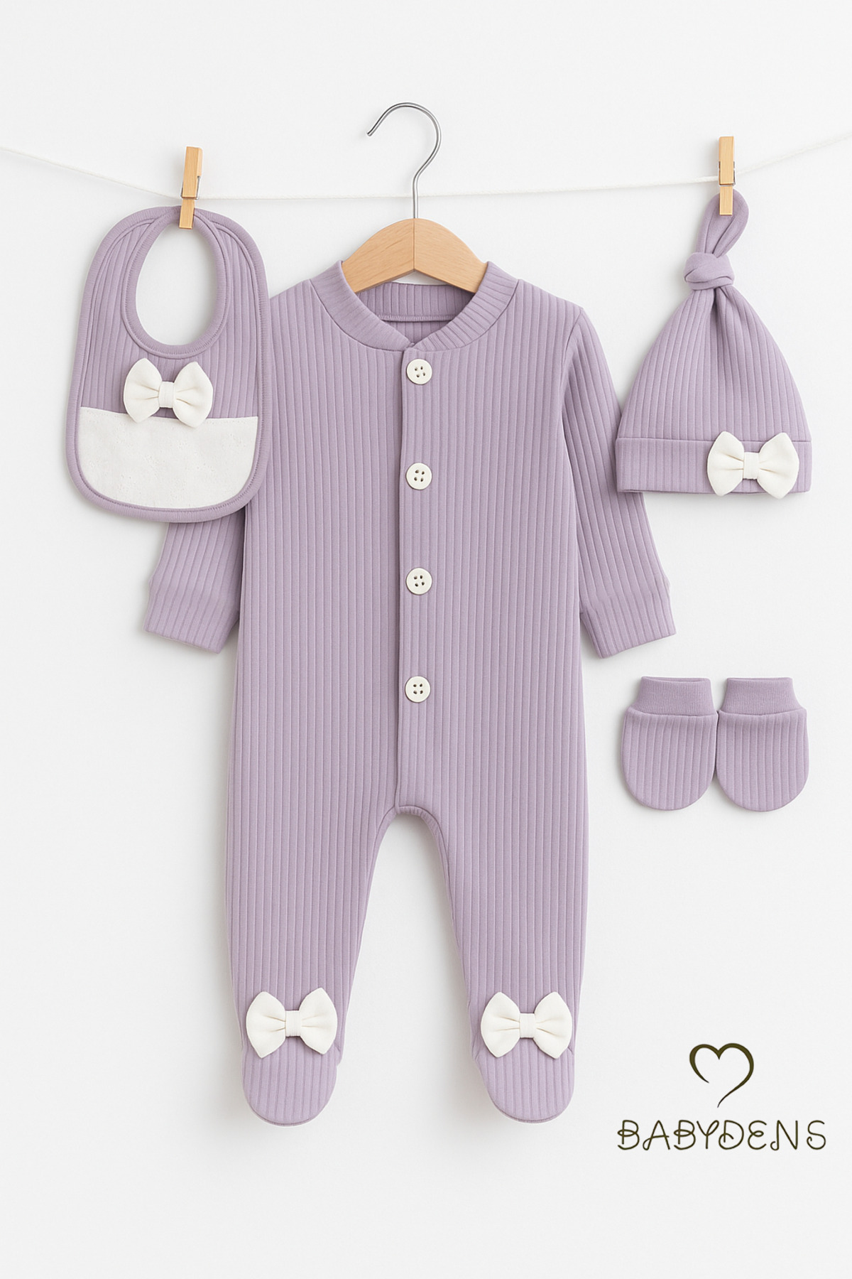 BABYDEN'S 4 'lü Kız Bebek Fitilli Yenidoğan Bebek Tulum Seti %100 Pamuklu Hastane Çıkışı fotoğrafı 3 (önizleme)