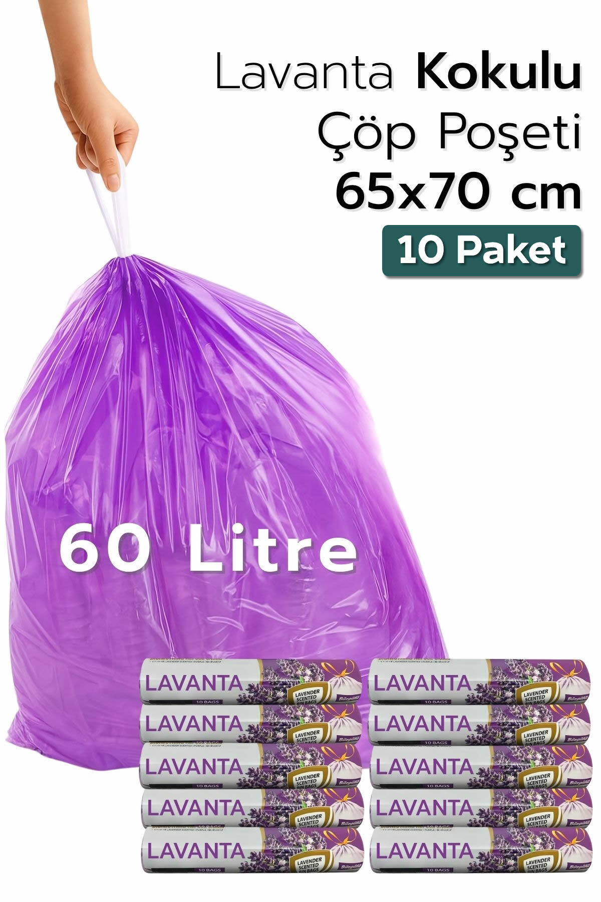 ARVALE Büyük Boy 65X70 Lavanta Kokulu Büzgülü Çöp Poşeti 100 Adet ( 10 PAKET ) Çöp Torbası 60 Litre