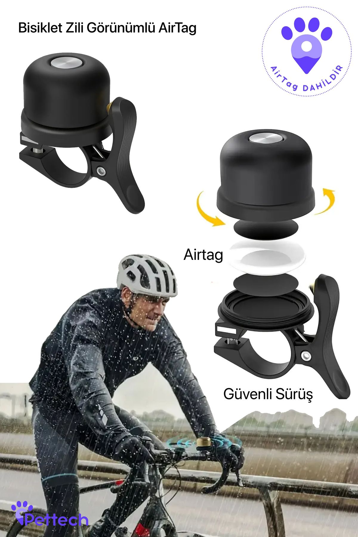 Pettech Airtag'li Bisiklet/Motor Zili