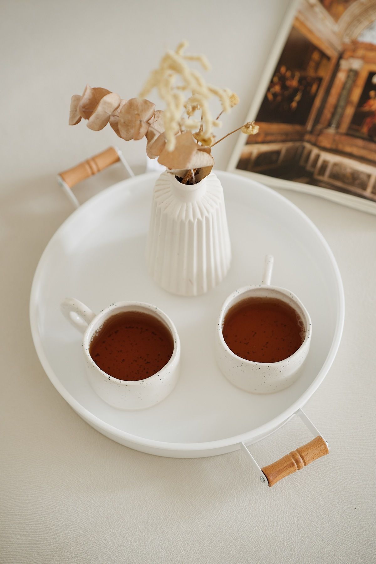 Dekorzdükkan-2-Piece Galvanized White Wooden Handle Tray (37Cm+32Cm) 3