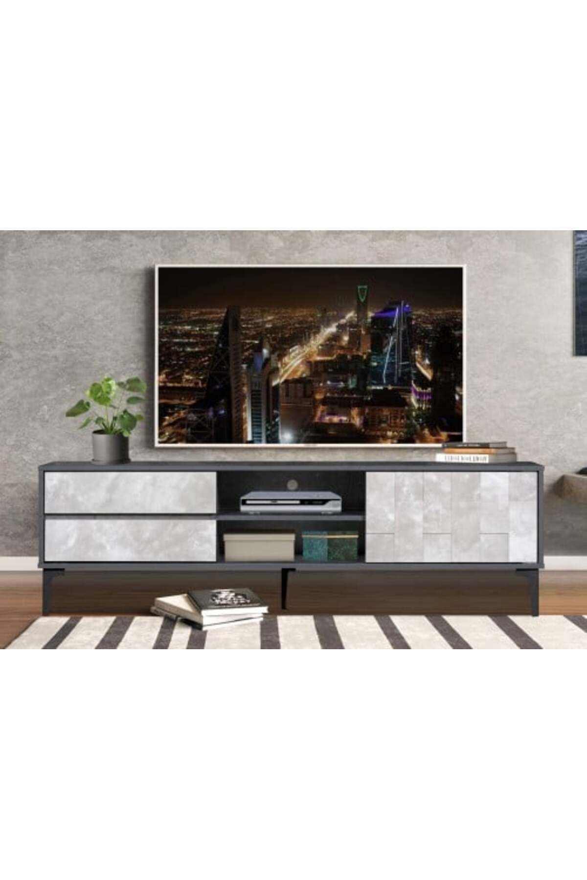 Generic-TV Table Malaysian Wood 160 cm with Shelves and Drawers Gray 1