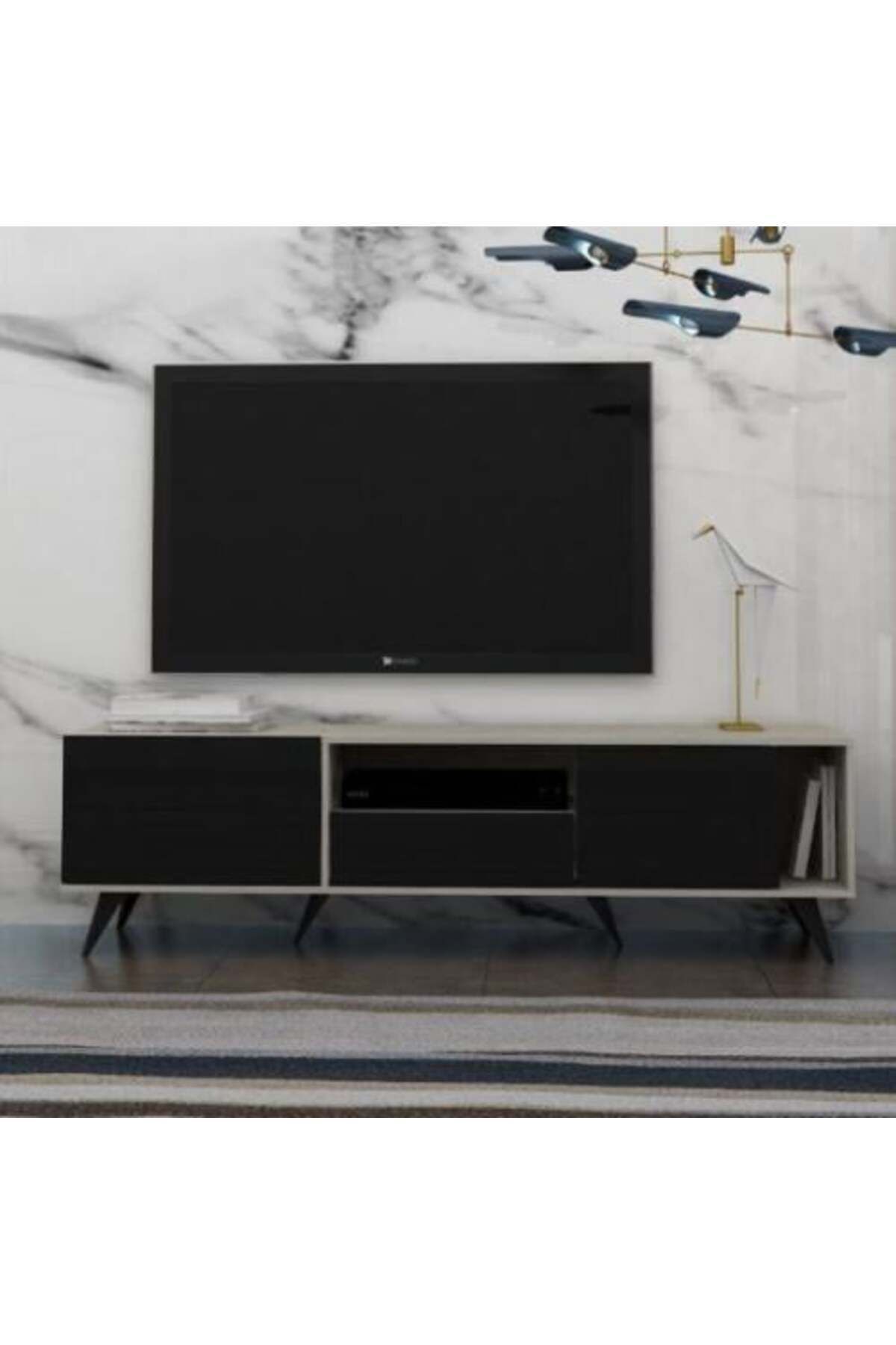 Generic-Rectangular TV Table with Fixed Base 179 cm, Shelves and Drawers - Gray & Black 1