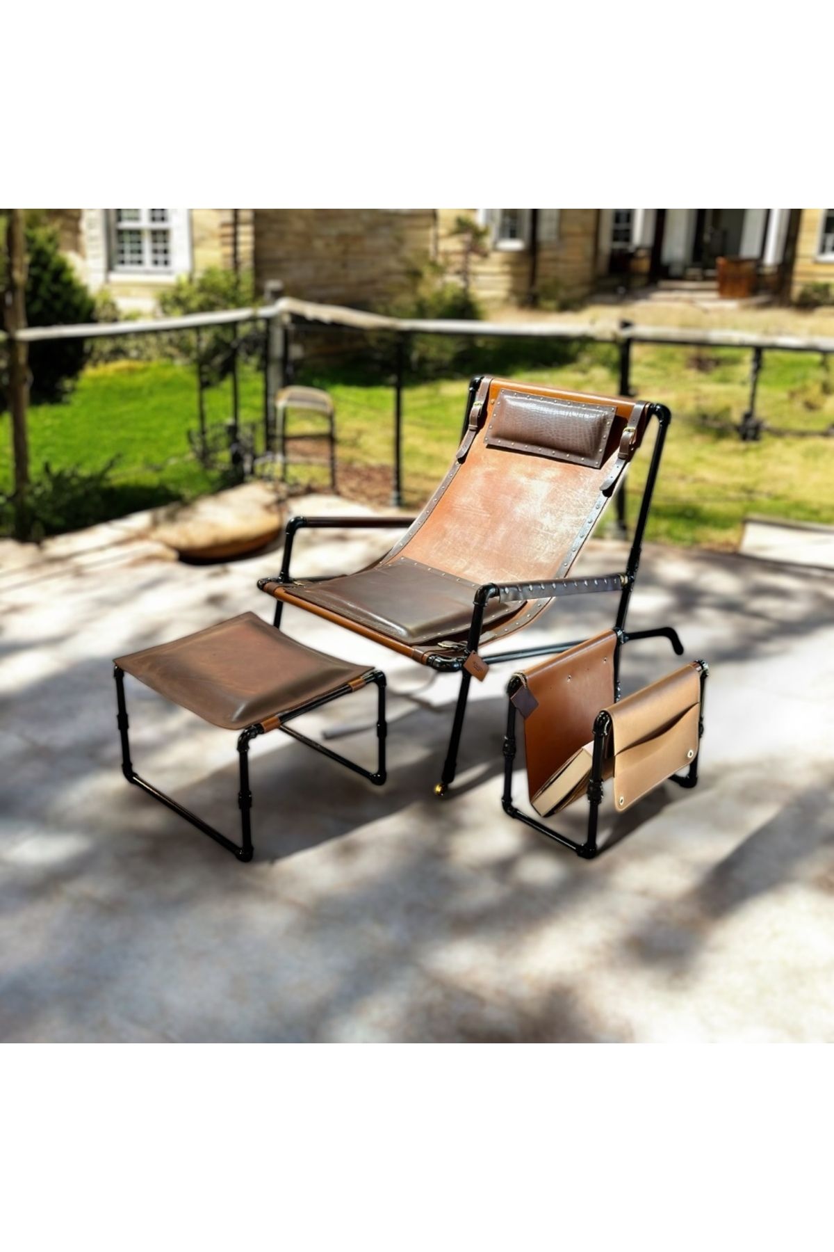 MOLOUD DESIGN ATELIER Deri Minderli Demir Iskeletli Oturma Grubu (VEGA MODELİ BERJER, DERGİLİK VE AYAKLIK SETİ)