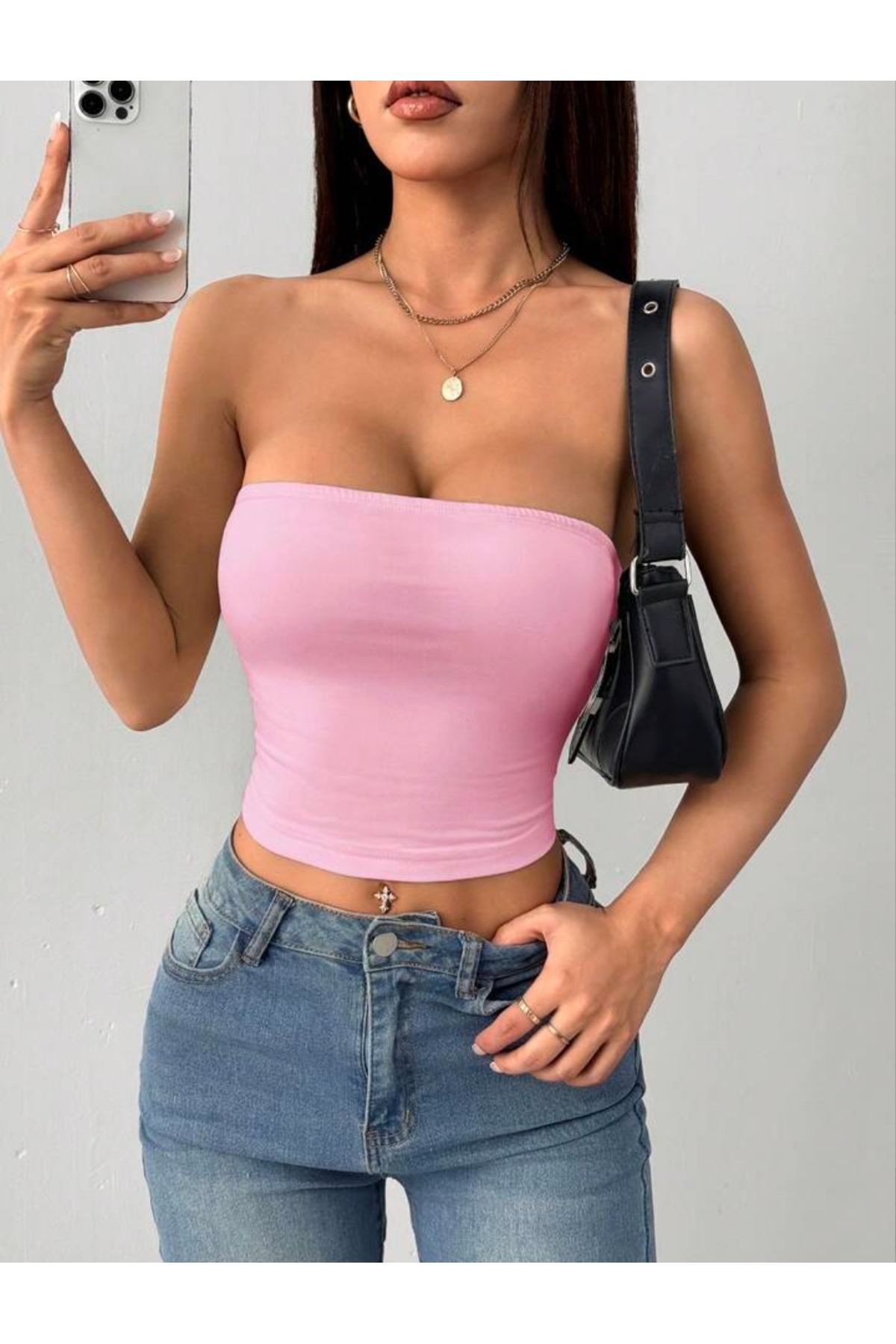 Olyssia TOZ PEMBE SÜPREM STRAPLEZ BÜSTİYER CROP / BASİC BLUZ BODY