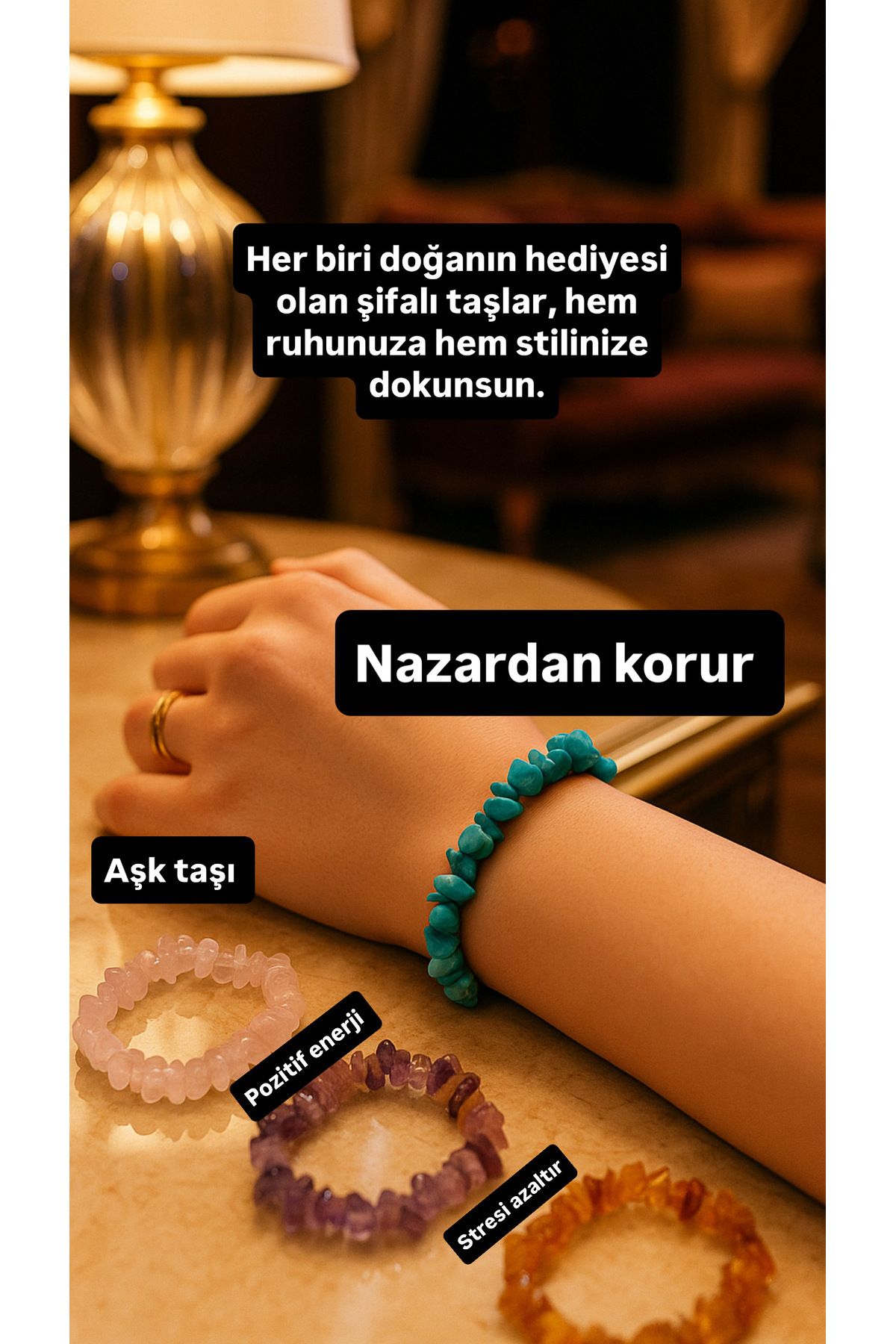 MODA 4 adet bileklik turkuaz taşı, pembe kuvars,akik taşı ve ametist