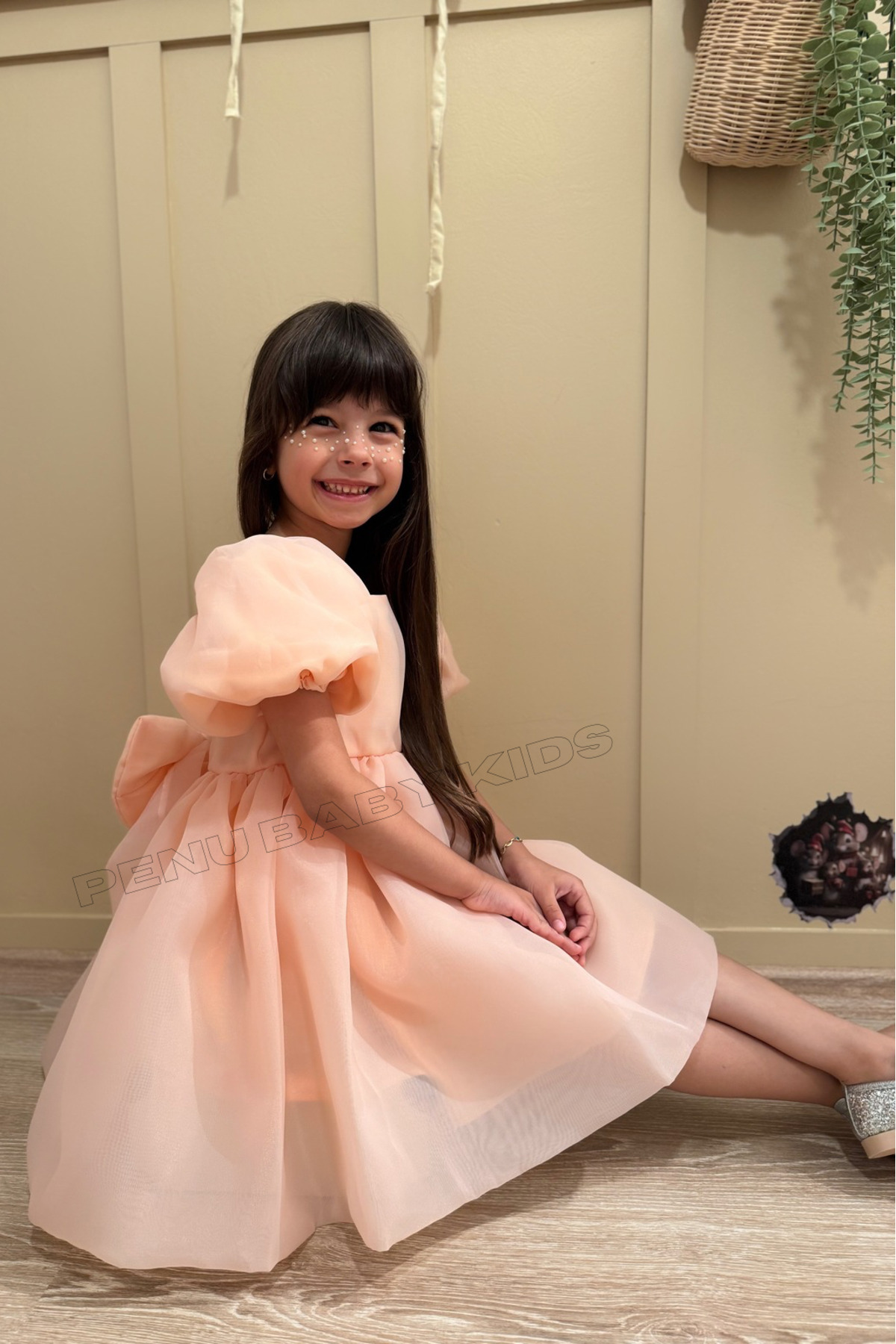 penu baby kids Somon Karolin Balon Etek Balon Kollu Kurdeleli Kız Çocuk Kız Bebek Elbise fotoğrafı 3 (önizleme)