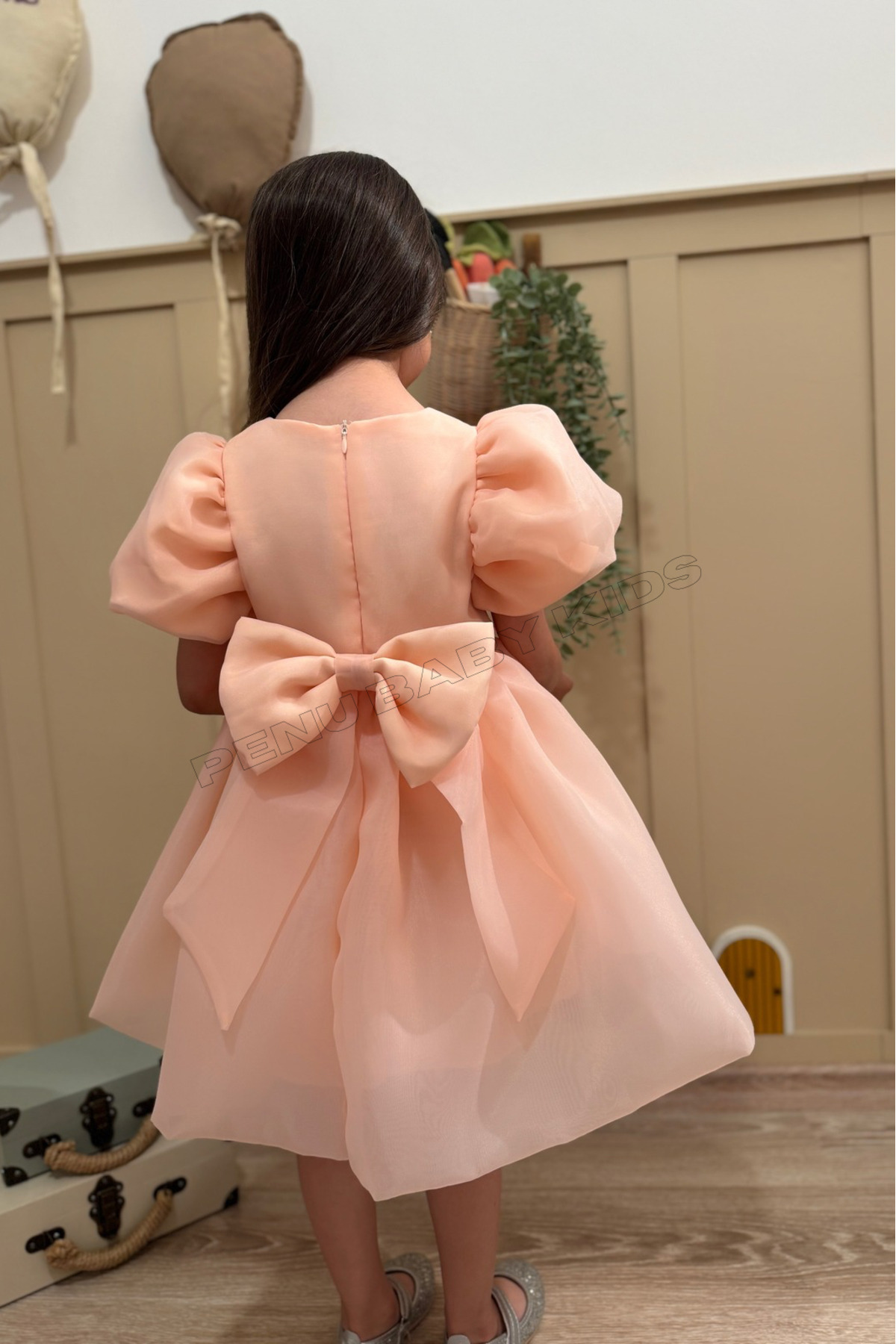 penu baby kids Somon Karolin Balon Etek Balon Kollu Kurdeleli Kız Çocuk Kız Bebek Elbise fotoğrafı 6 (önizleme)