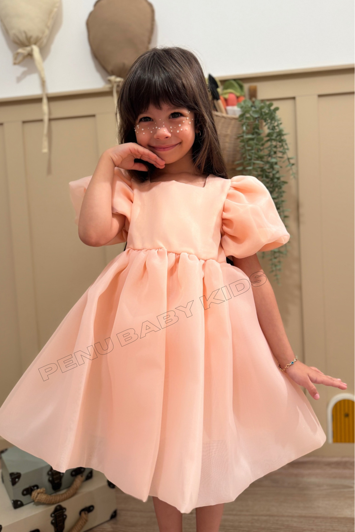 penu baby kids Somon Karolin Balon Etek Balon Kollu Kurdeleli Kız Çocuk Kız Bebek Elbise fotoğrafı 4 (önizleme)