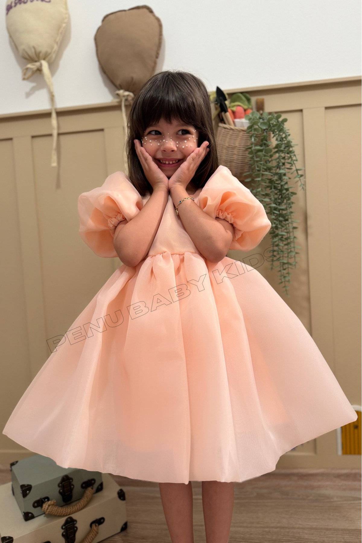 penu baby kids Somon Karolin Balon Etek Balon Kollu Kurdeleli Kız Çocuk Kız Bebek Elbise fotoğrafı 5 (önizleme)