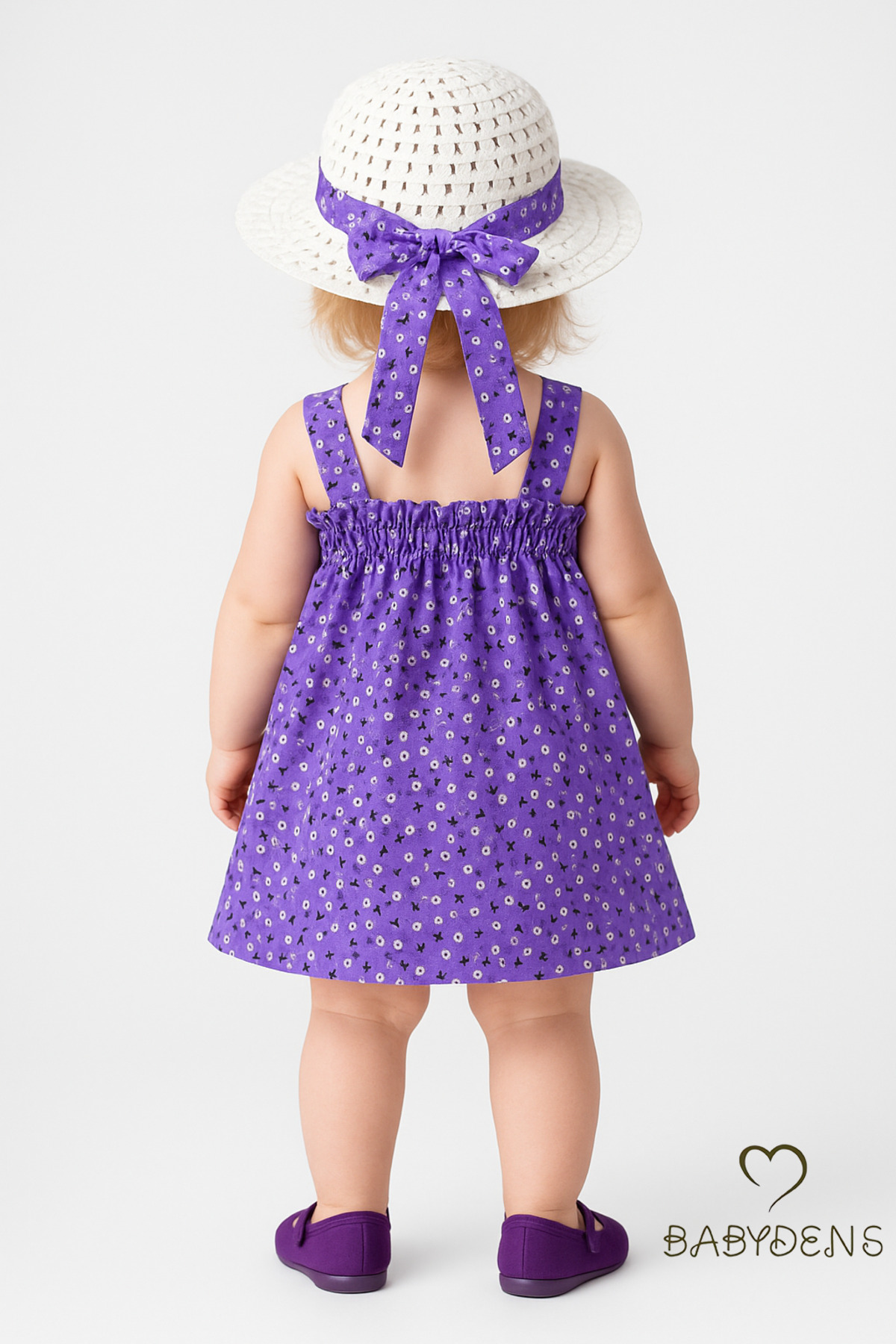 BABYDEN'S Kız Bebek Çiçek Desenli Fiyonklu Yazlık Elbise ve Şapka Takımı Pamuklu 9-36 Ay Yazlık Bebek Kombini fotoğrafı 6 (önizleme)