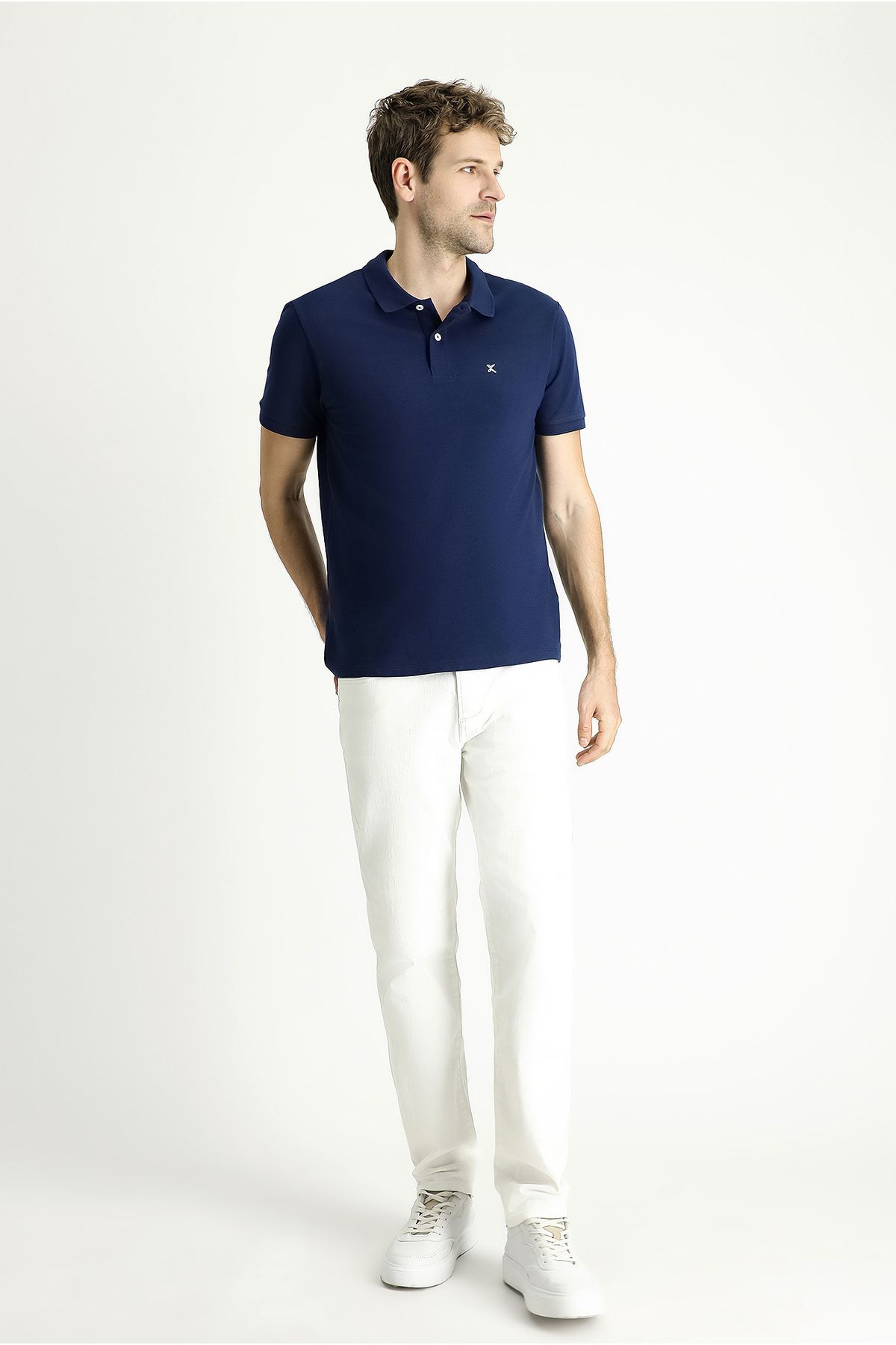 تی شرت یقه پولو آبی مردانه Polo Yaka Slim Fit Bark cut Cotton T shirt Kiğılı