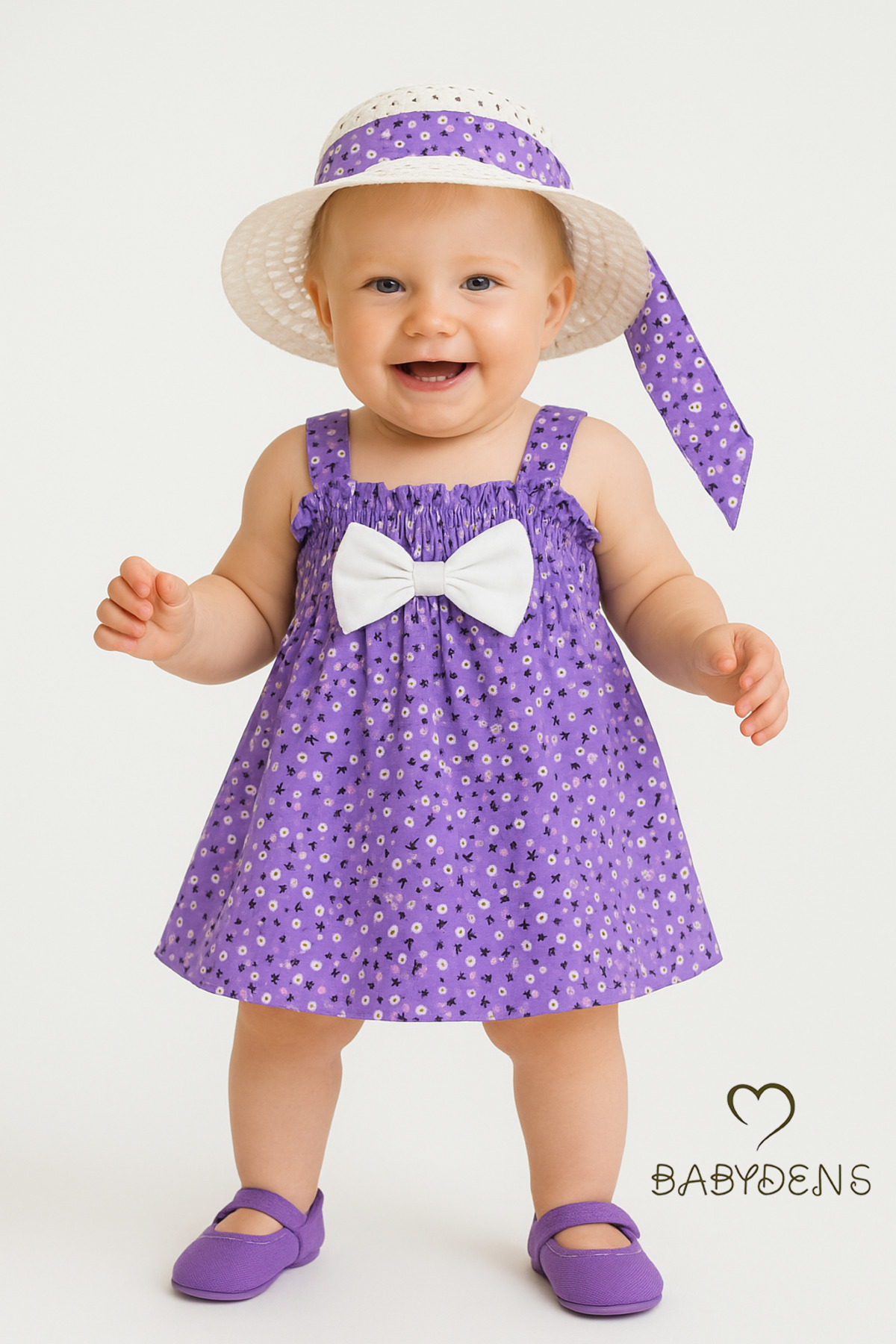 BABYDEN'S Kız Bebek Çiçek Desenli Fiyonklu Yazlık Elbise ve Şapka Takımı Pamuklu 9-36 Ay Yazlık Bebek Kombini fotoğrafı 5 (önizleme)