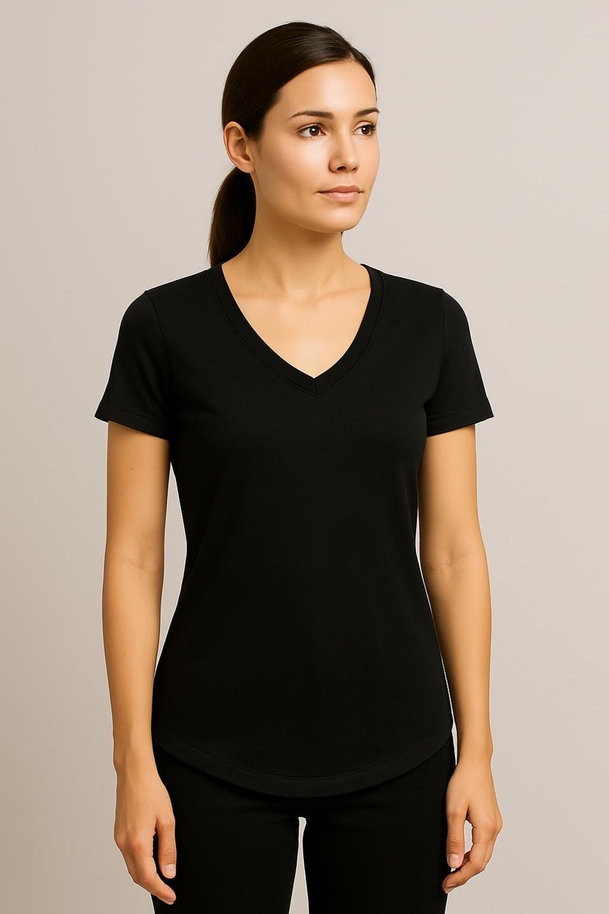 vikitekno V Yaka Dar/slim fit eteği oval Kadın Tişört