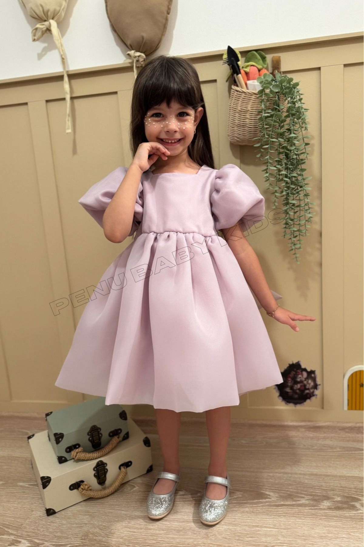 penu baby kids Lila Karolin Balon Etek Balon Kollu Kurdeleli Kız Çocuk Kız Bebek Elbise fotoğrafı 5 (önizleme)