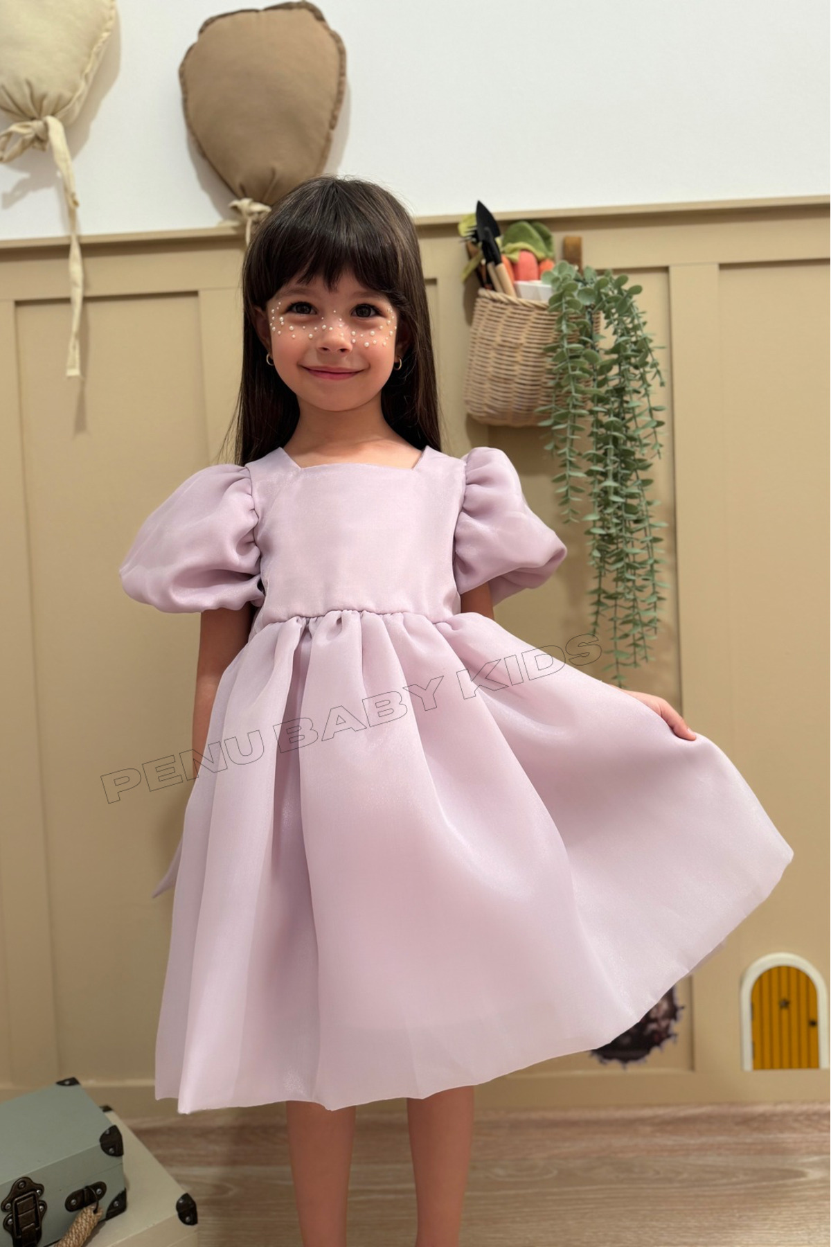 penu baby kids Lila Karolin Balon Etek Balon Kollu Kurdeleli Kız Çocuk Kız Bebek Elbise fotoğrafı 3 (önizleme)