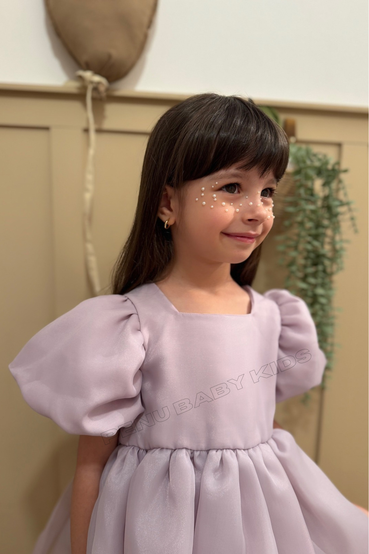 penu baby kids Lila Karolin Balon Etek Balon Kollu Kurdeleli Kız Çocuk Kız Bebek Elbise fotoğrafı 6 (önizleme)