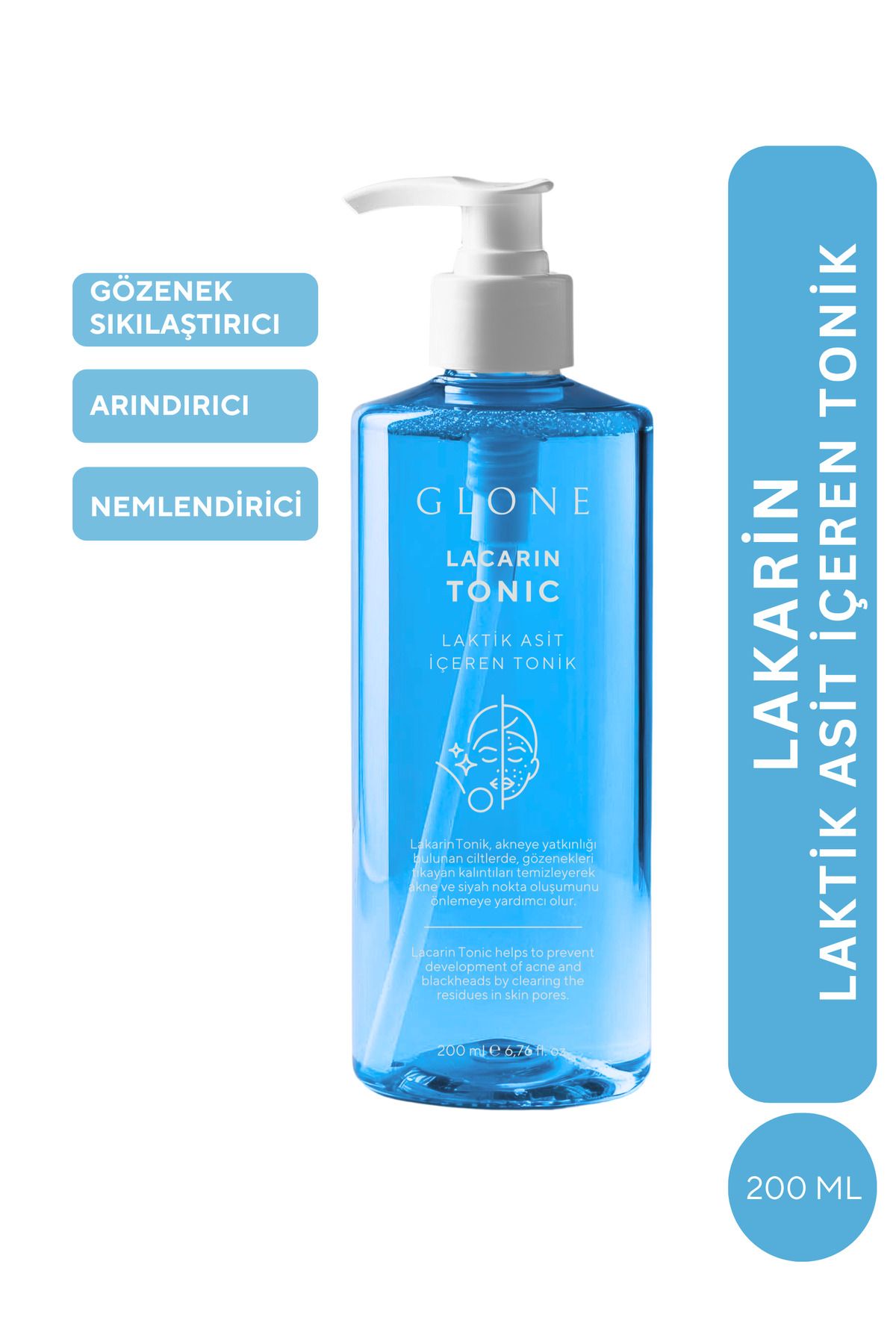 GLONE Laktik Asit İçeren Lakarin Tonik Tüm Cilt Tipleri İçin Gözenek Sıkılaştırıcı Bakım 200ml