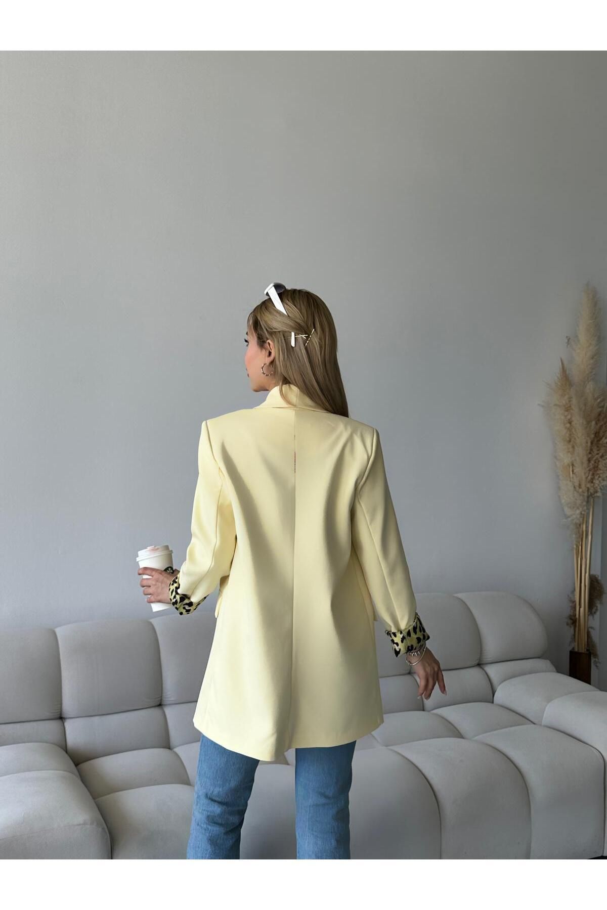 aytenli-Oversize Double Leopard Lined Buttonless Pocket Long Blazer Jacket 4