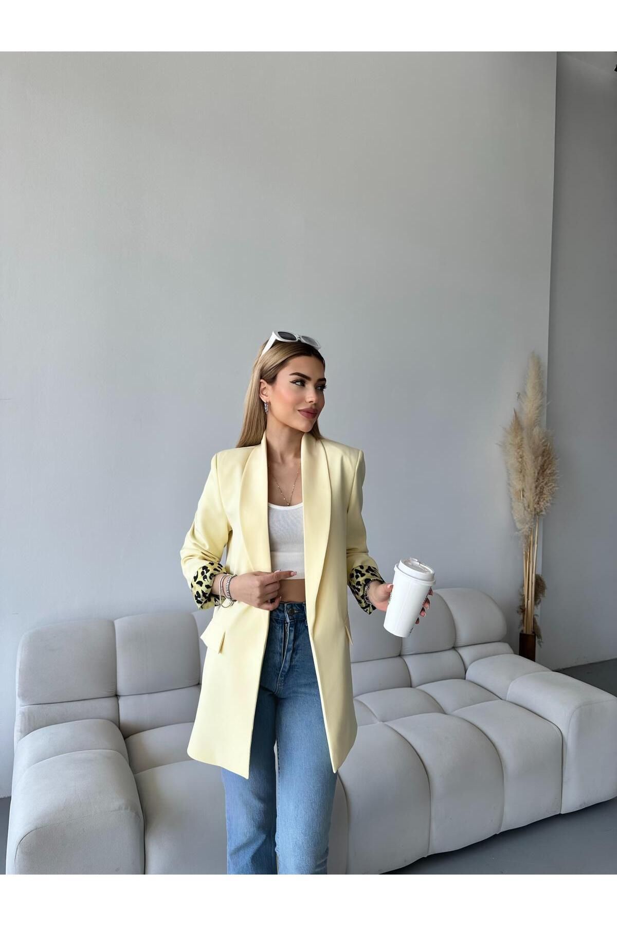 aytenli-Oversize Double Leopard Lined Buttonless Pocket Long Blazer Jacket 6