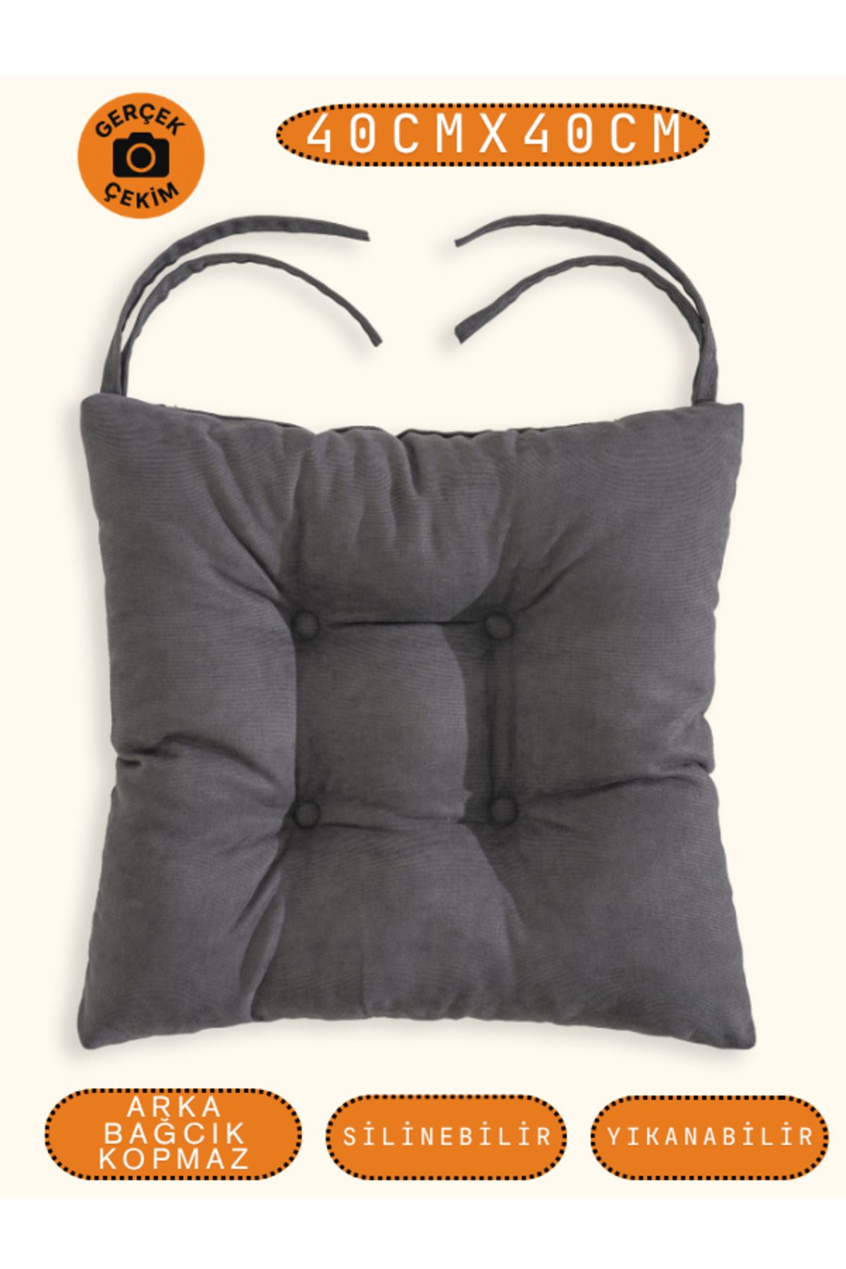 UYKUPEREST Pastello Sandalye Minderi –Gri – Kadife Dokulu, Bağcıklı, Yıkanabilir – 40x40