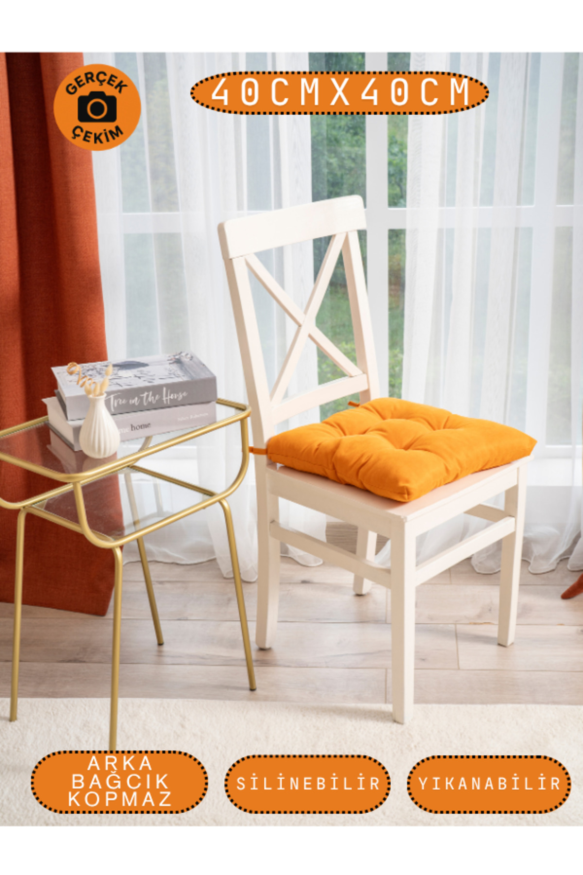 Pastello Sandalye Minderi –Turuncu – Kadife Dokulu, Bağcıklı, Yıkanabilir – 40x40 detay