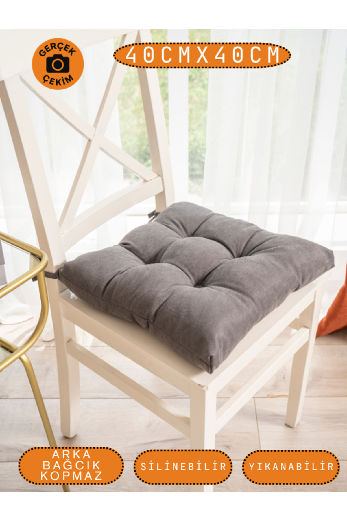 Pastello Sandalye Minderi –Gri – Kadife Dokulu, Bağcıklı, Yıkanabilir – 40x40 detay