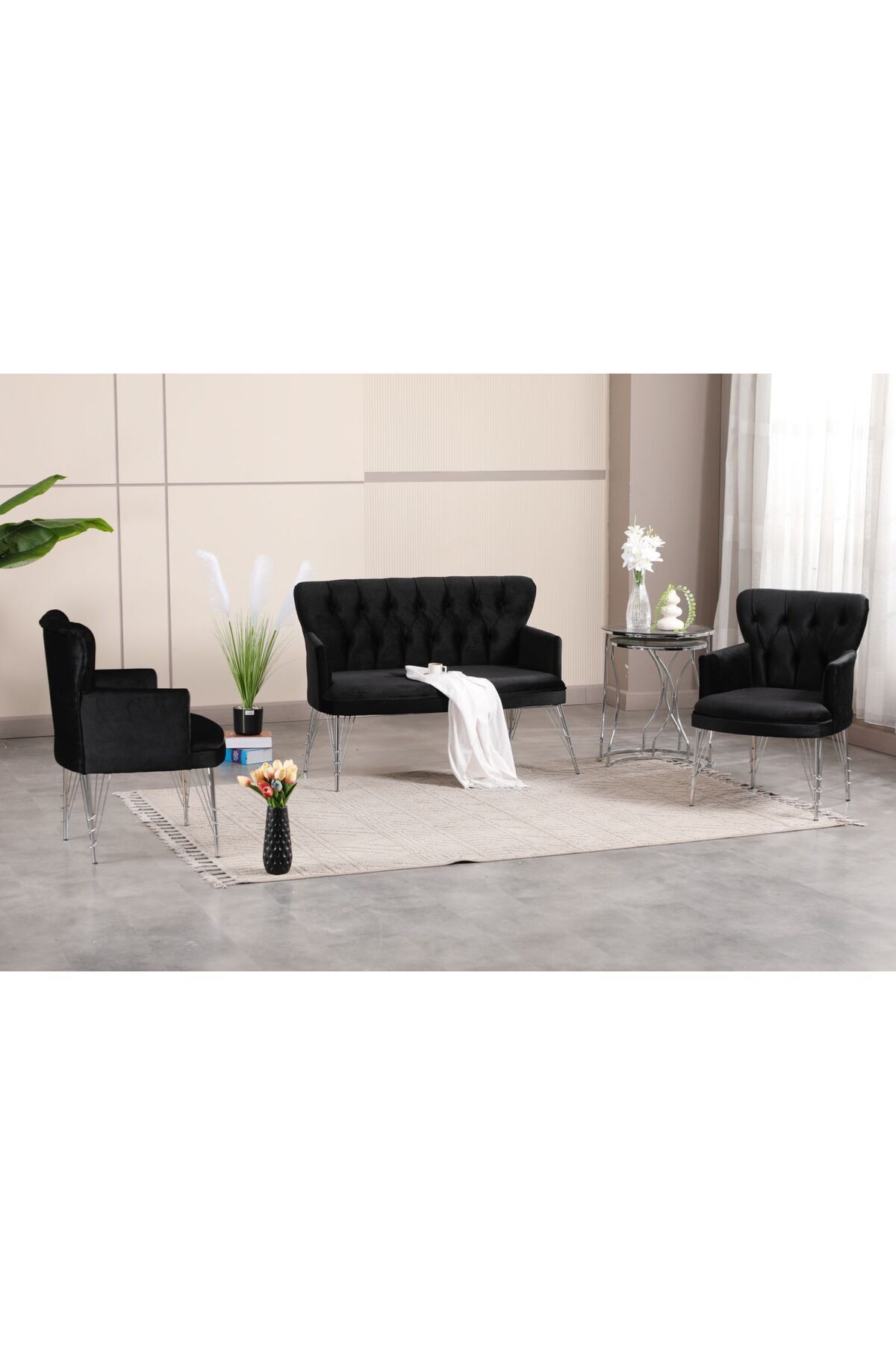 Garden House Office Siyah Kumaş Gümüş Metal Ayak Çay Seti Koltuk Takımı Ofis Koltuk Takımı