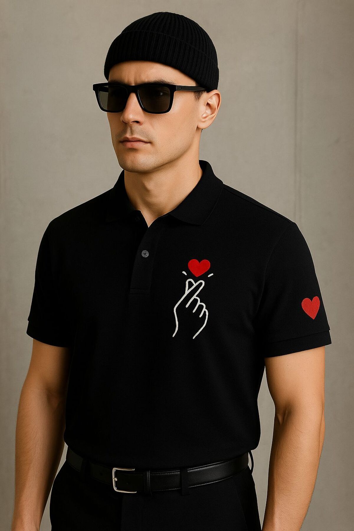 MODA Siyah Polo Yaka Tişört – Minimalist Kalp ve El Nakış Detaylı