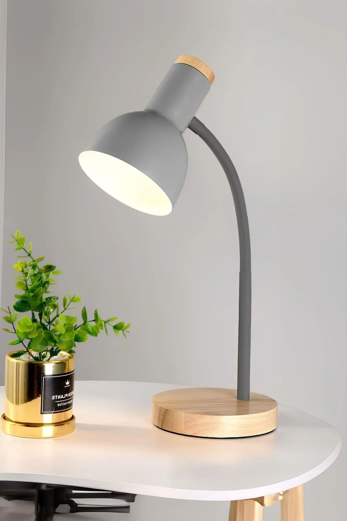 Home USB LED Masa Lambası Gri Ahşap Tabanlı Modern Dekoratif, Şık Esnek Boyunlu Ofis ve Çalışma Lambası