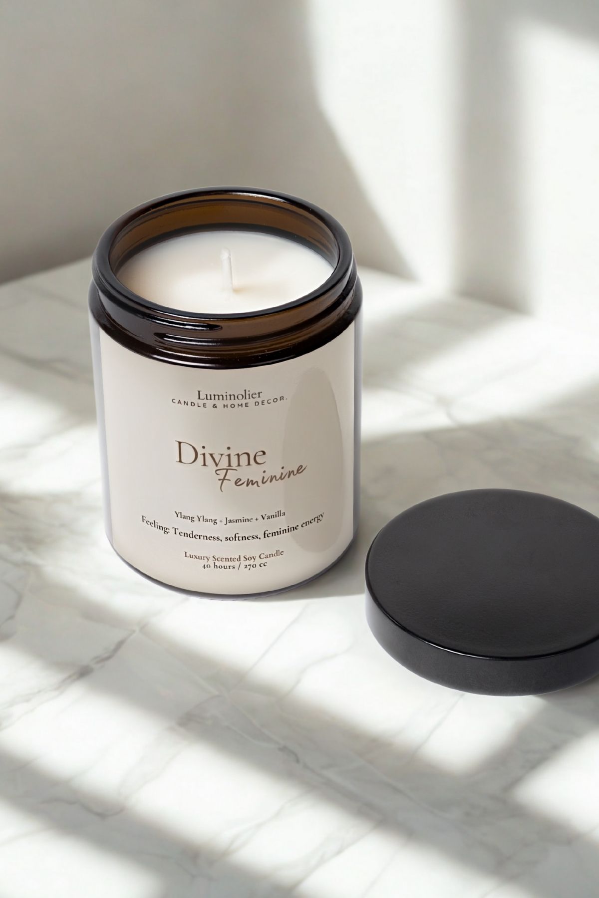Luminolier Ylang Ylang & Yasemin & Vanilya Kokulu Doğal Soya Mum - Divine Feminine - Amber Kavanoz - 270 Cc
