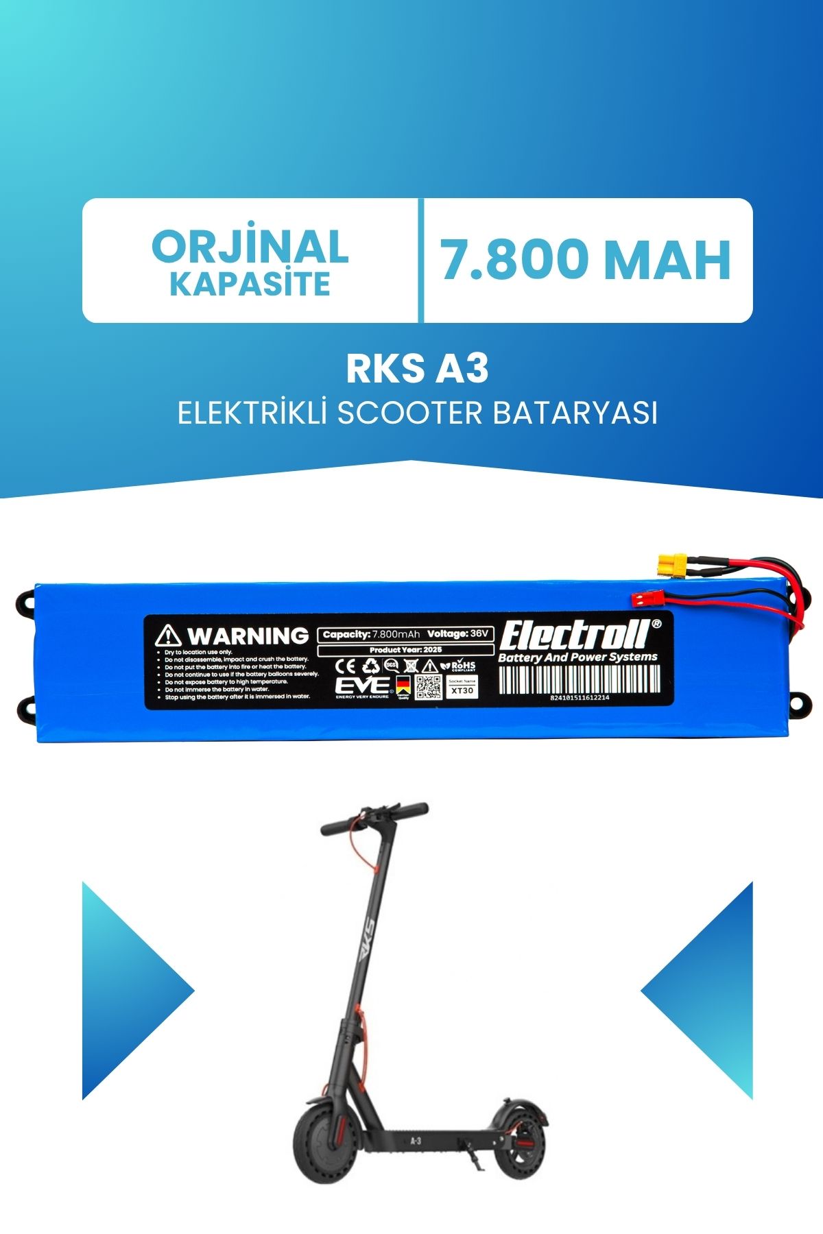 ELECTROLL RKS A3 Uyumlu Batarya (STANDART KAPASİTE) 36v 7.800mah Elektrikli Scooter Bataryası Değişimi