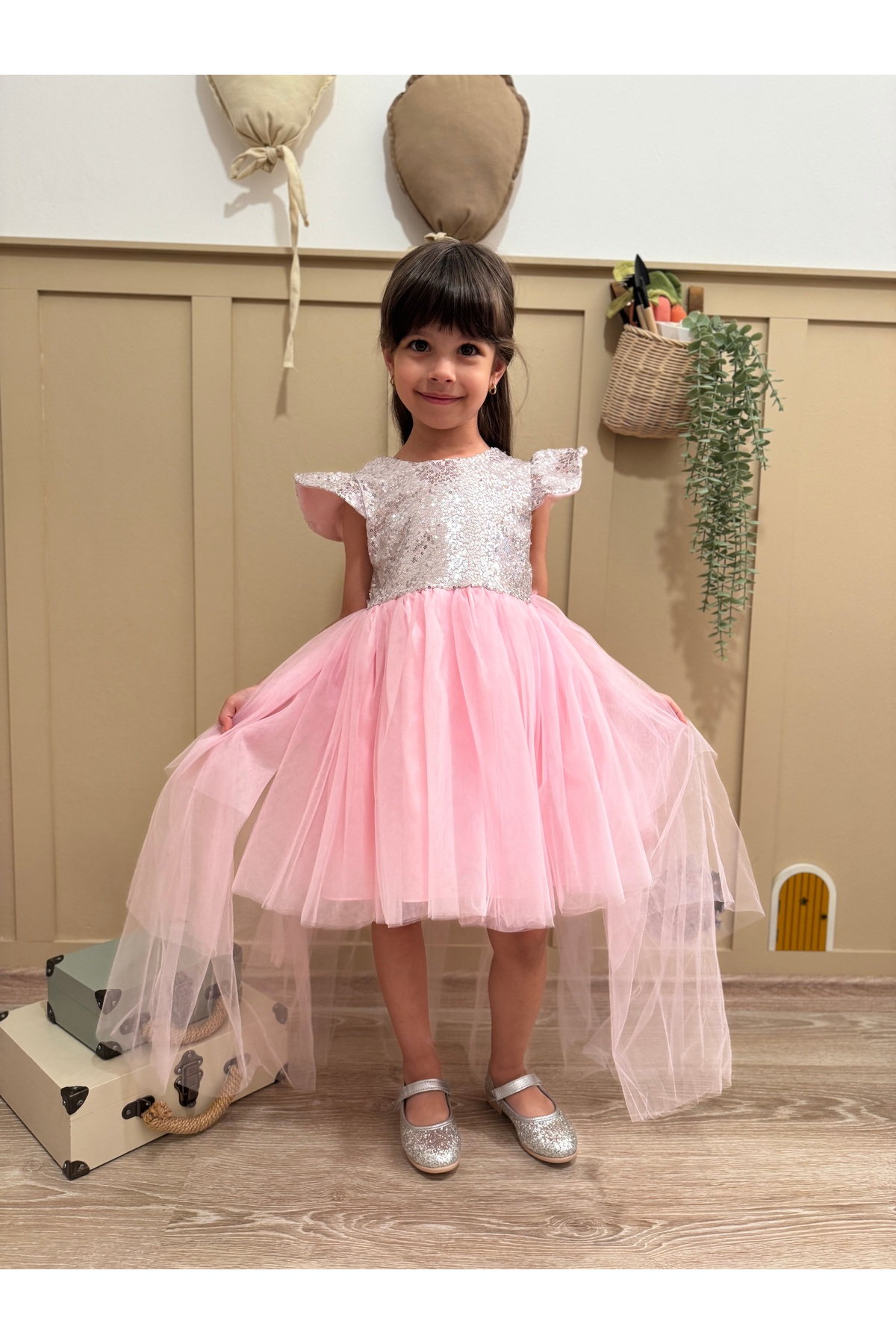 penu baby kids Pembe Payet Detaylı Tül Etekli Kısa Kol Kız Bebek Elbise fotoğrafı 5 (önizleme)