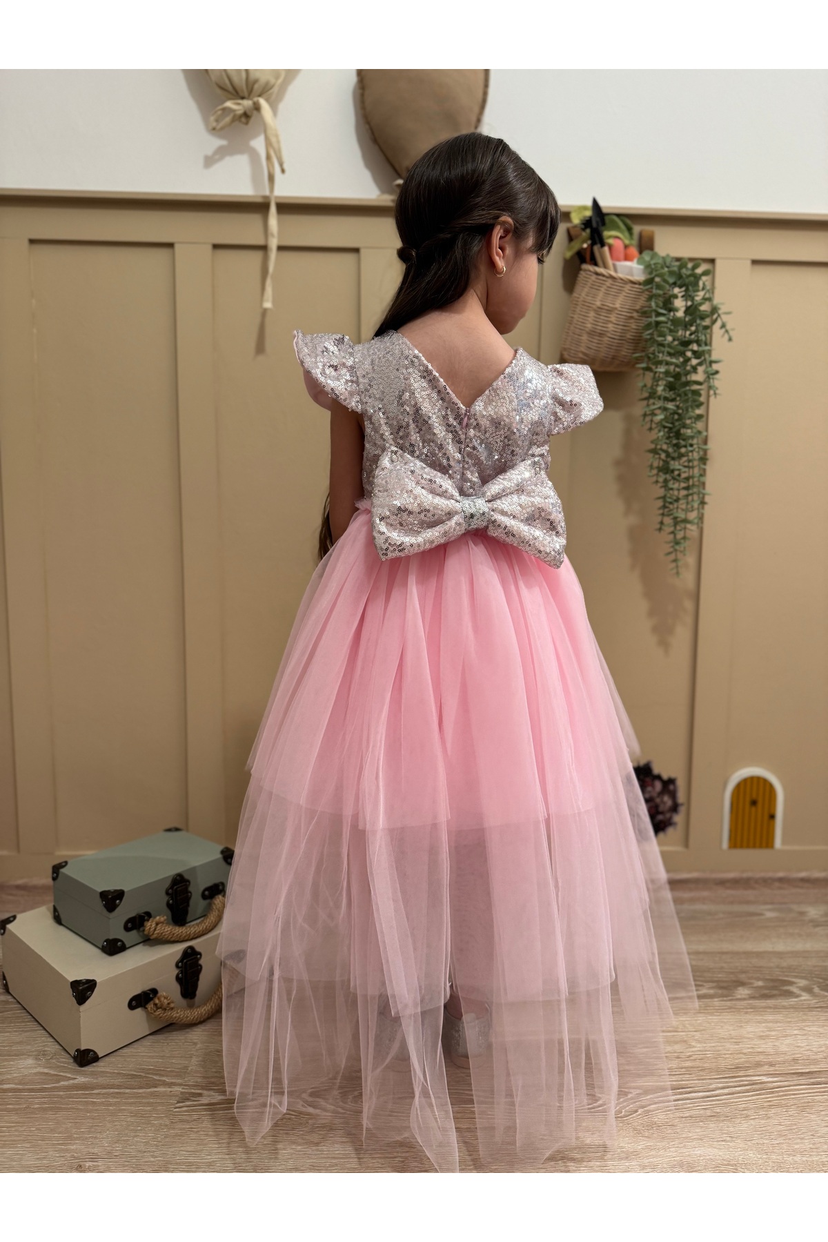 penu baby kids Pembe Payet Detaylı Tül Etekli Kısa Kol Kız Bebek Elbise fotoğrafı 3 (önizleme)