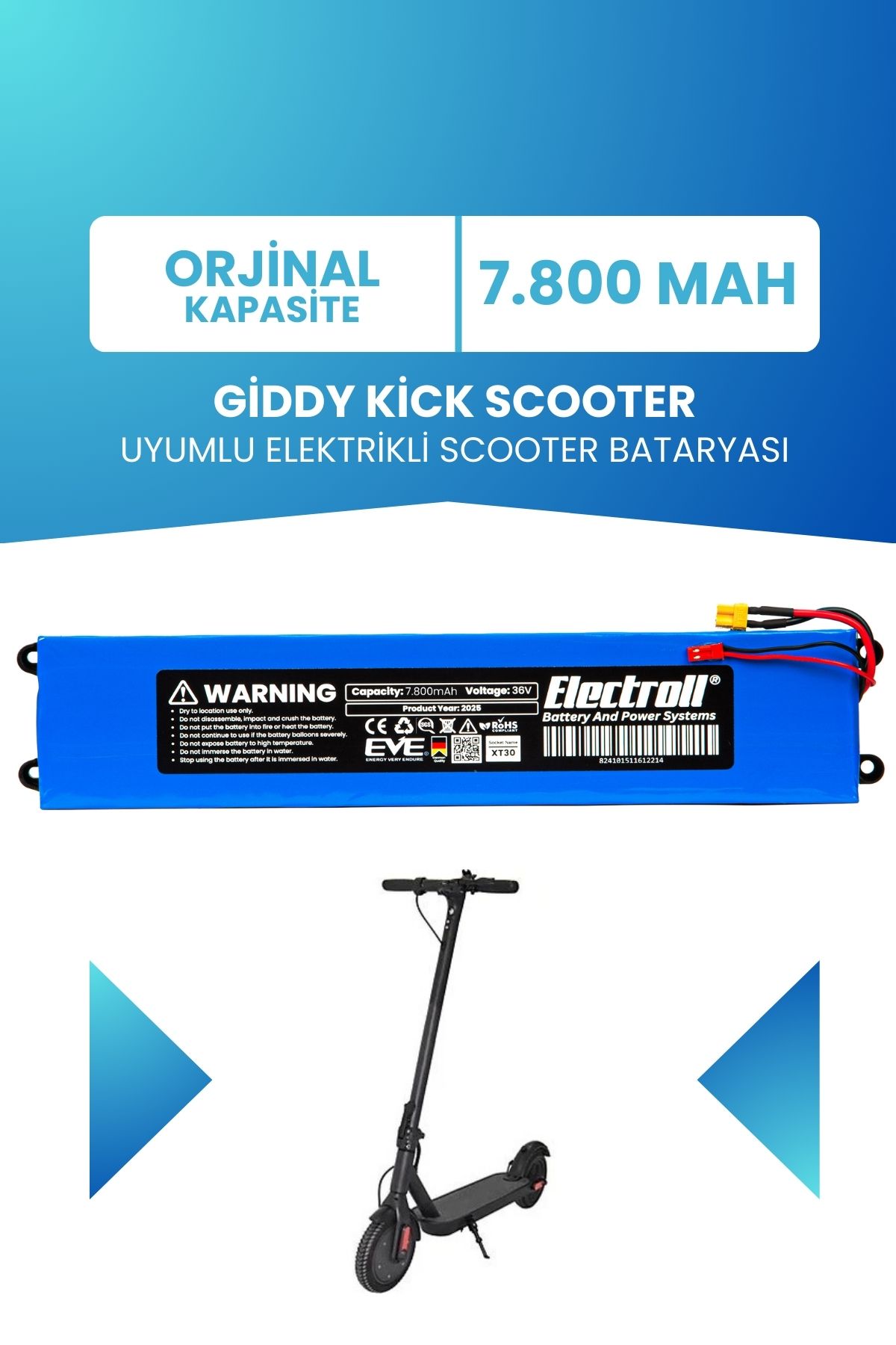 ELECTROLL Giddy Kick Scooter Uyumlu Batarya (ORJİNAL KAPASİTE) 36v 7800mah Elektrikli Scooter Bataryası