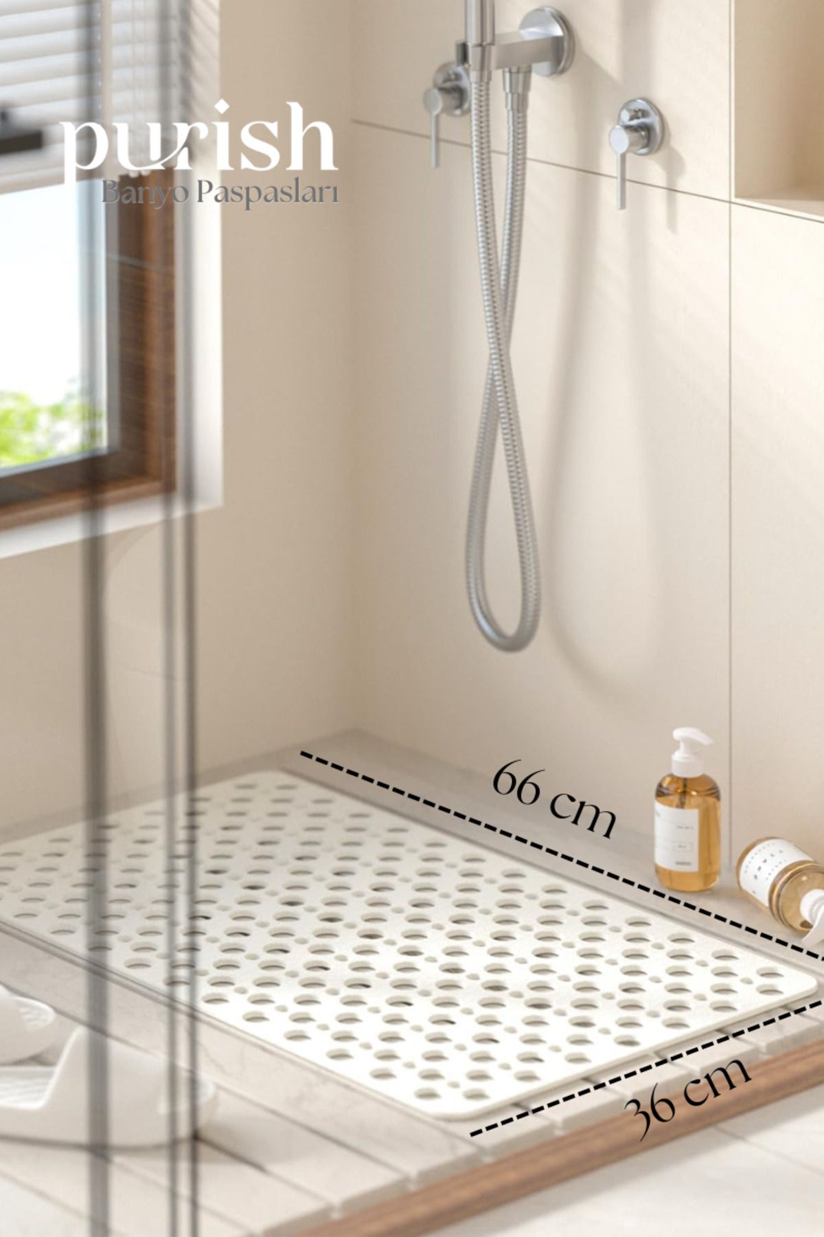Purish | Banyo Duş Küvet İçin Vantuzlu Kaydırmaz, Su Drenajlı, Yumuşak Paspas - Mat Beyaz - 76x36cm