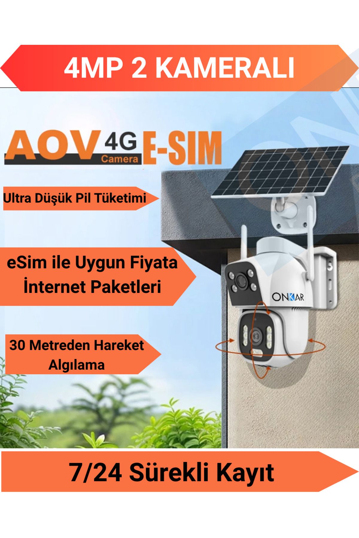 Onkar Bilişim X15 4MP ( 2MP +2MP ) Uyumlu  Özellikli Güneş Enerjili 7/24 Kayıtlı Güvenlik Kamerası
