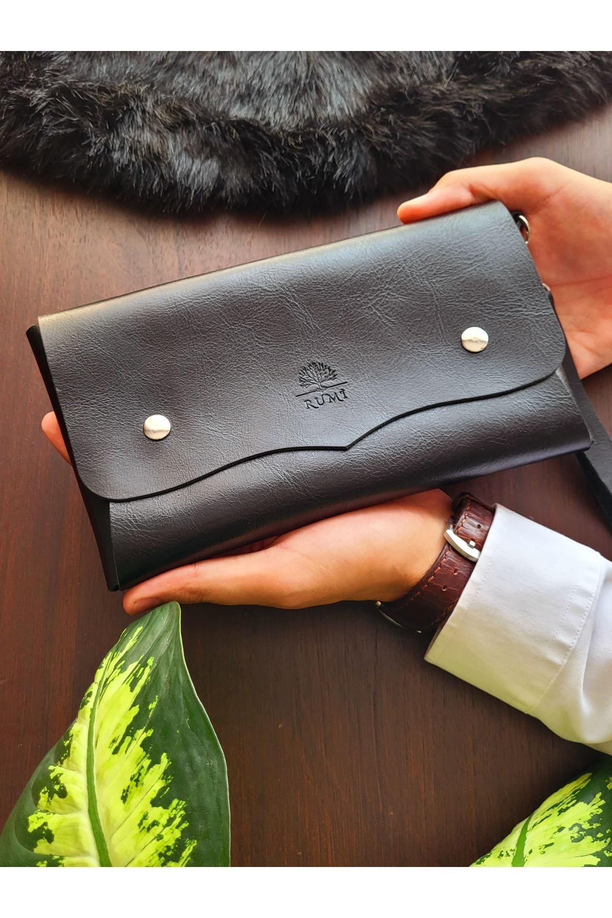 Rumi Deri %100 Hakiki Deri El Çantası El Askılı Portföy & Clutch Çanta Erkek & Kadın Hediyelik