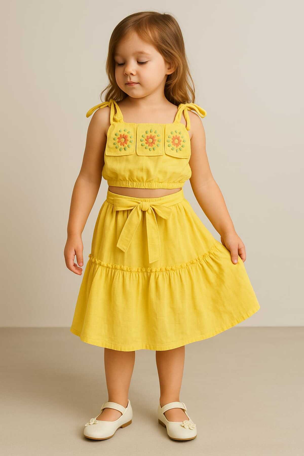 Çikoby-Girl's Woven Fabric Embroidered Blouse + Skirt Set 2