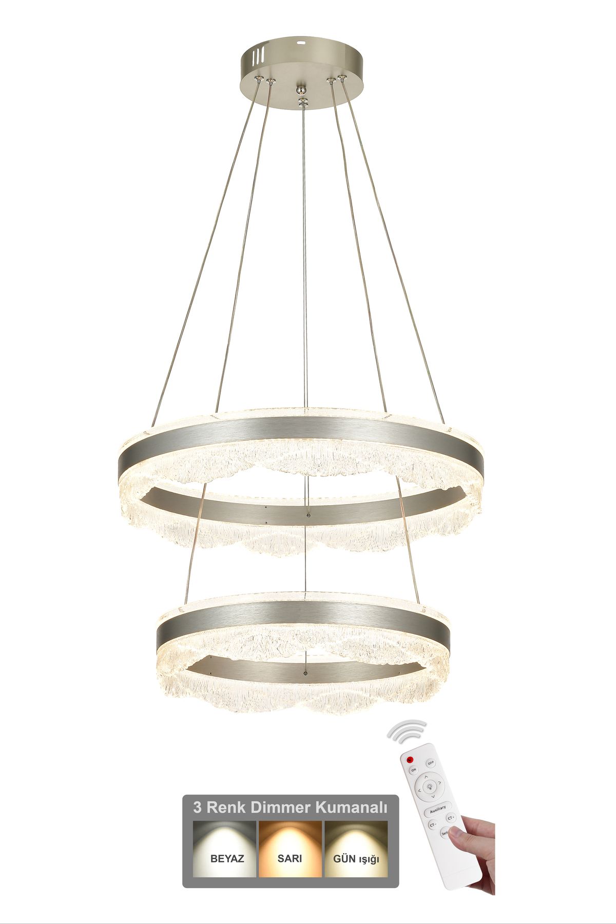 Avizemoda Estilo 2 Katlı Dimmer Kumandalı 3 Renk Ledli (Sarı-Beyaz-Gün Işığı) Modern Akrilik Avize -Gümüş