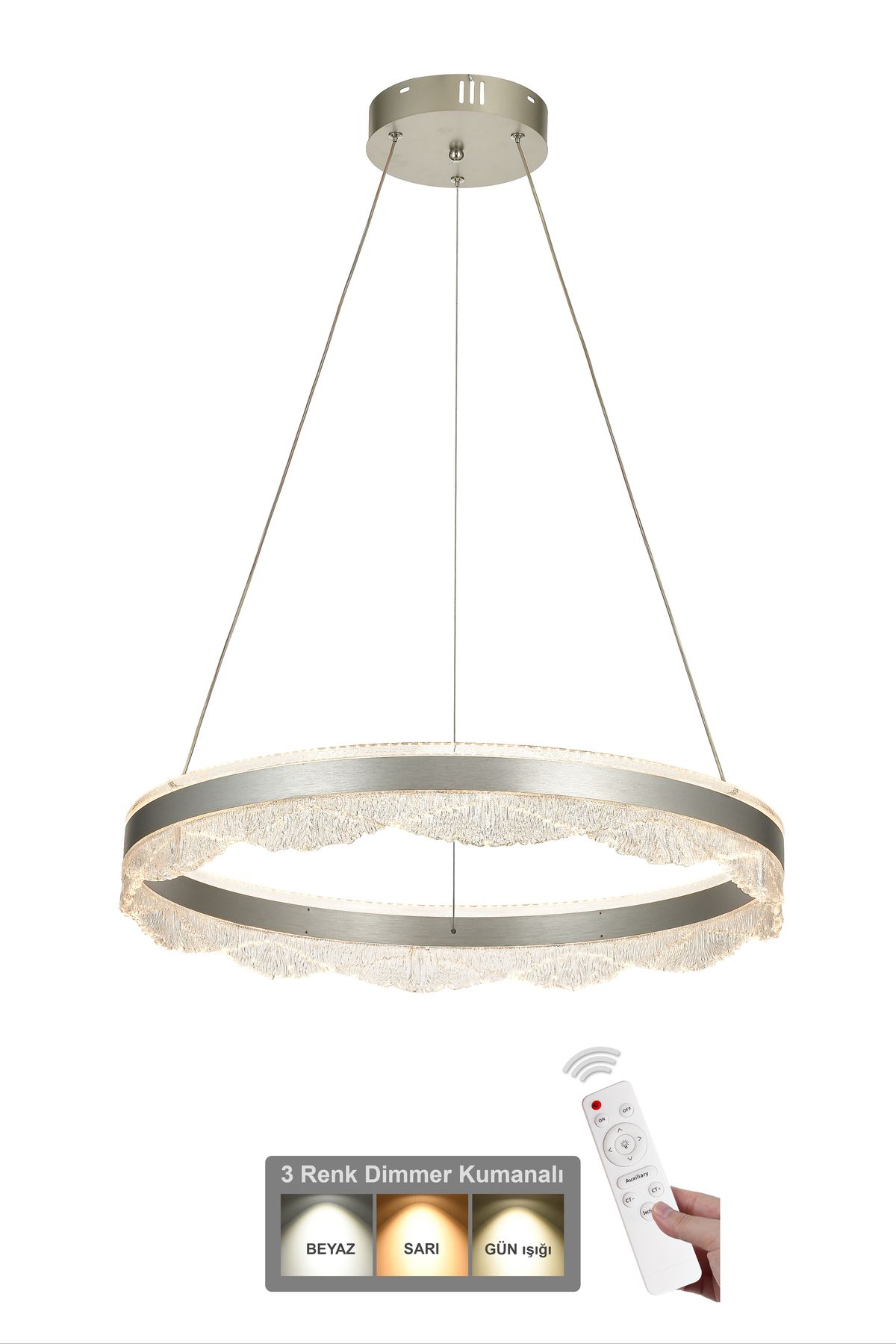 Avizemoda Estilo 60 cm Dimmer Kumandalı 3 Renk Ledli (Sarı-Beyaz-Gün Işığı) Modern Akrilik Avize - Gümüş