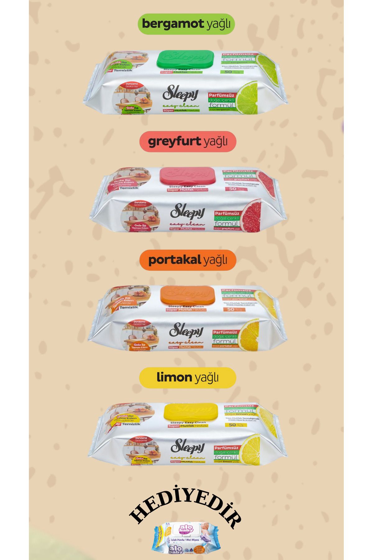 Sleepy Doğal Yağlı 50 'li Easy Clean Portakal & Limon & Greyfurt & Bergamot Alobaby Hediye