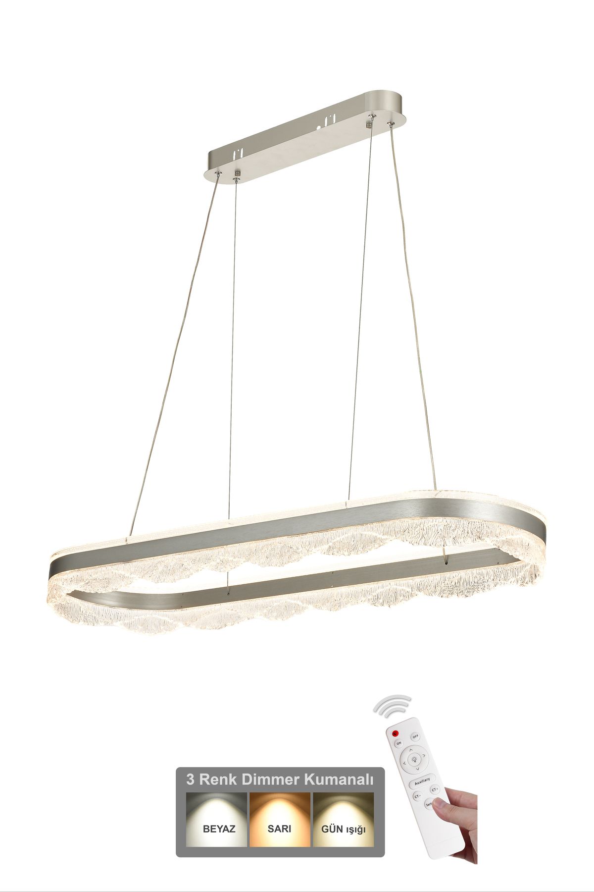 Avizemoda Estilo 100x30 cm Dimmer Kumandalı 3 Renk Ledli (Sarı-Beyaz-Gün Işığı) Modern Akrilik Avize -Gümüş
