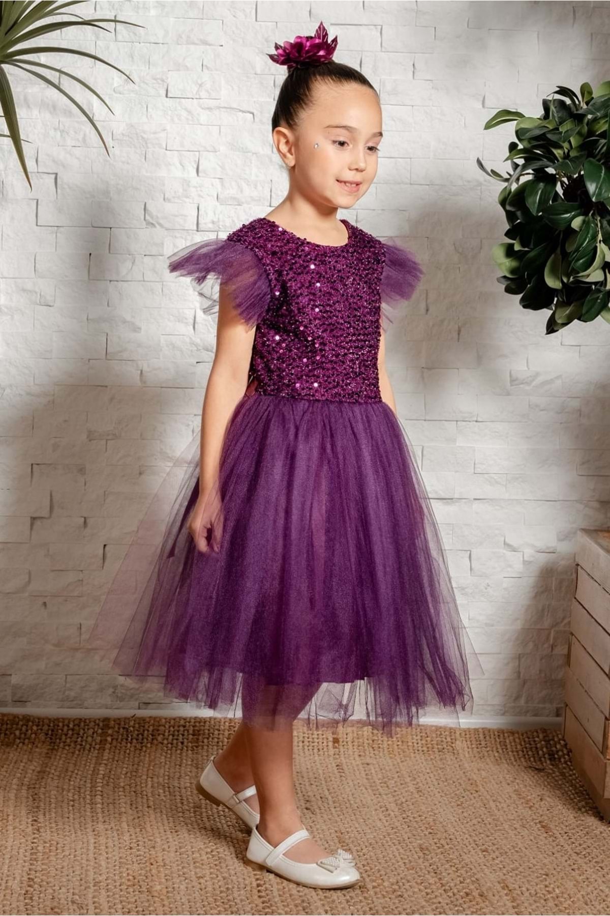 Mnk Baby&Kids Tüllü Kız Çocuk KPL Elbise MNK0526 MÜRDÜM fotoğrafı 3 (önizleme)