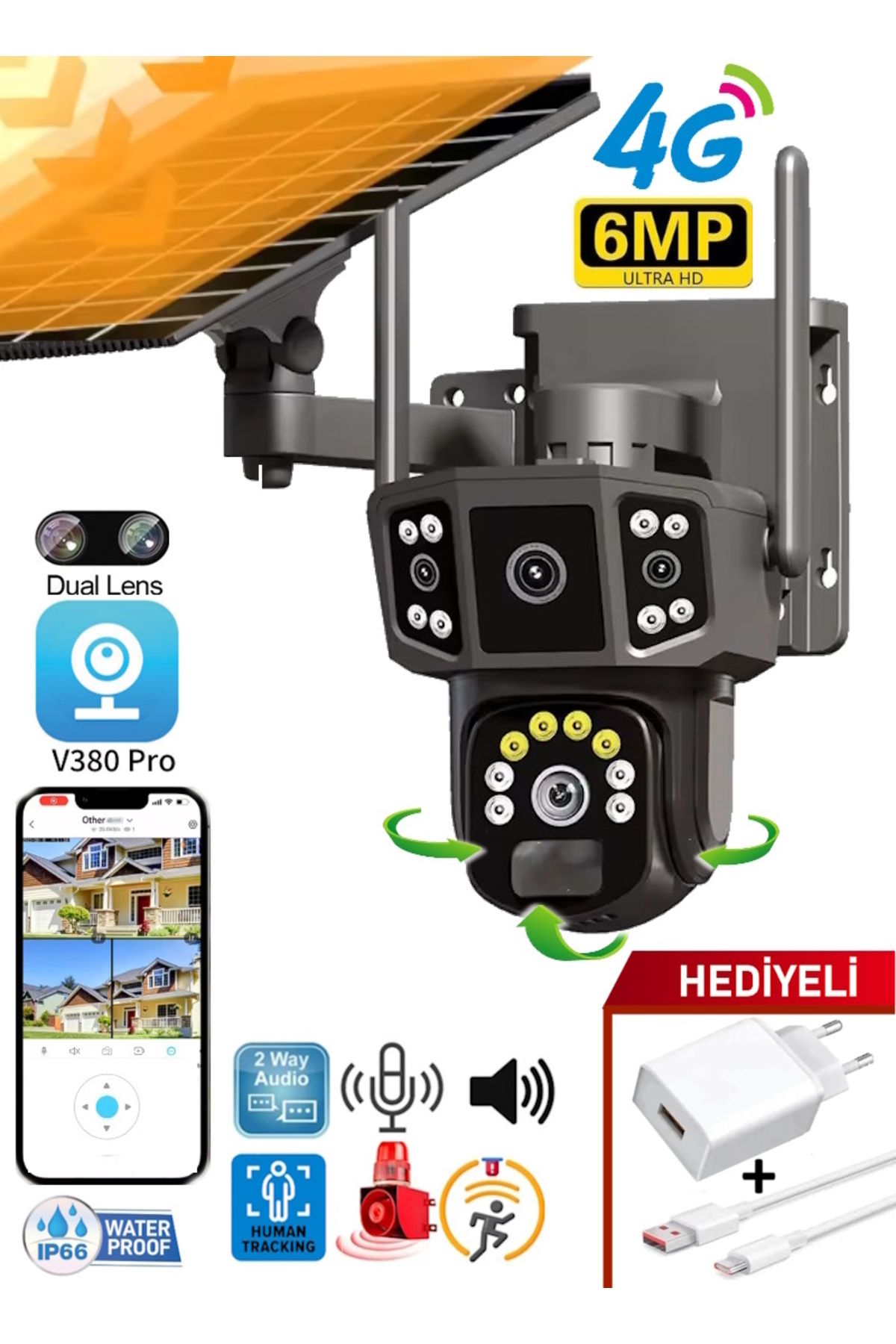 VİVATECH Ultimate X36 4G Solar Panel Dual Lens 6MP Gece Görüş Sesli Akıllı Kamera Türkçe Uygulama V380Pro