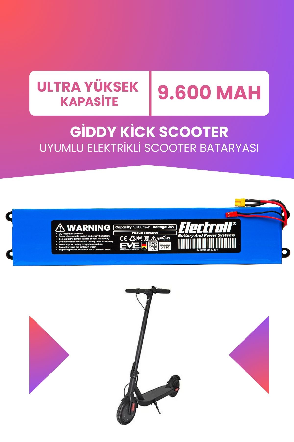 ELECTROLL Giddy Kick Scooter Uyumlu Batarya (ULTRA YÜKSEK KAPASİTE) 36v 9600mah Elektrikli Scooter Bataryası