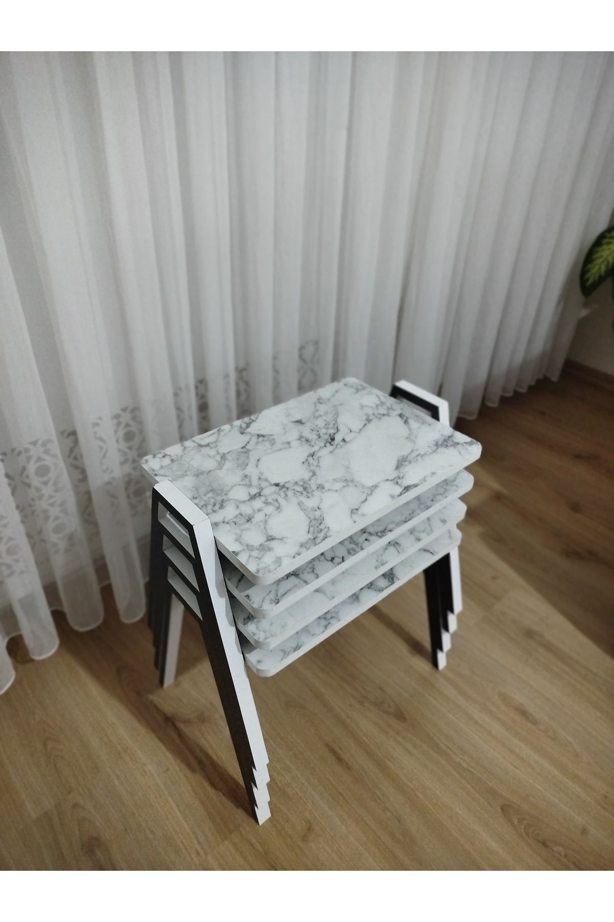 GÜVENÇ Zigon Sehpa 4'Lü Mermer Desenli Tepsi Model