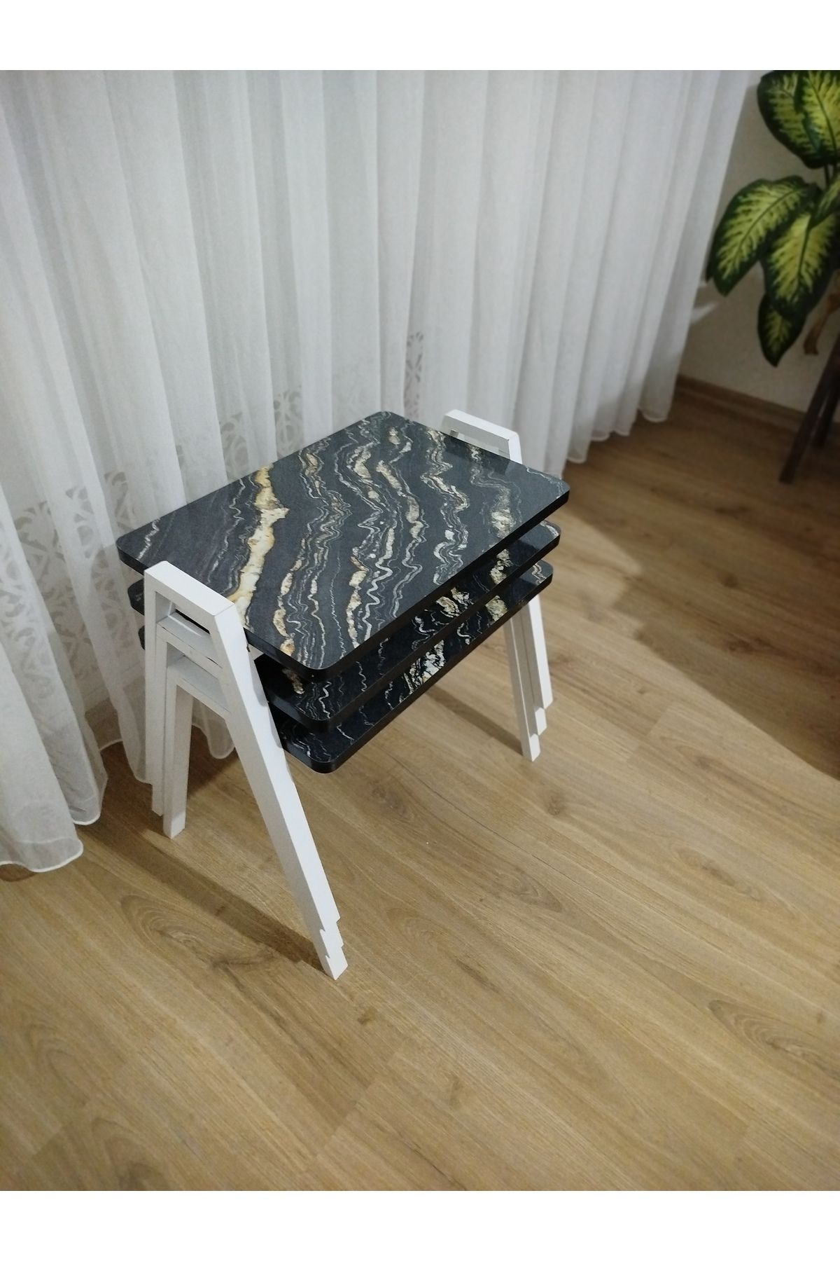 GÜVENÇ Zigon Sehpa 3'Lü Mermer Desenli Tepsi Model